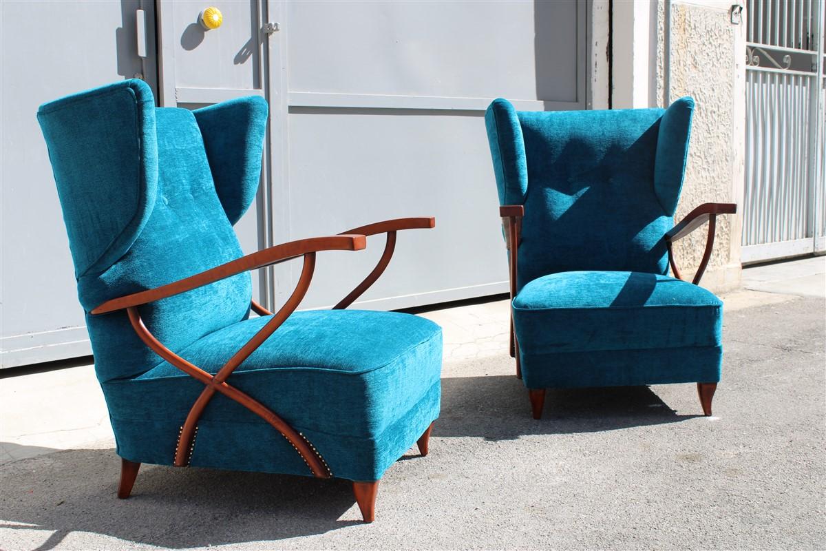 Mid-Century Modern Pair of Italian Armchairs in Cherry Wood Blue Velvet Paolo Buffa Design 1950 For Sale