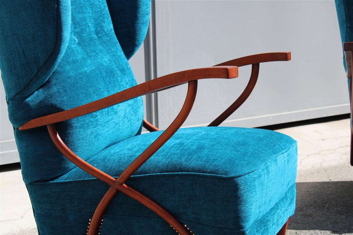 Pair of Italian Armchairs in Cherry Wood Blue Velvet Paolo Buffa Design 1950 In Good Condition For Sale In Palermo, Sicily