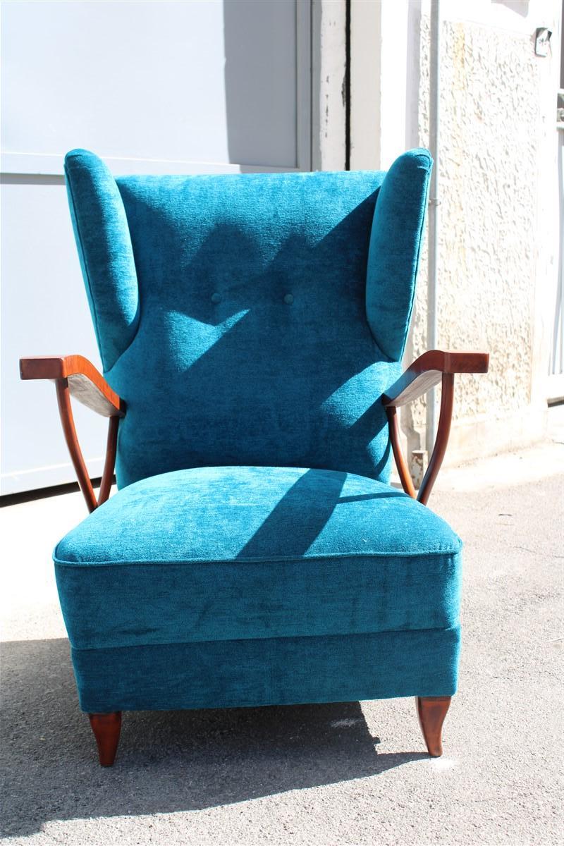 Pair of Italian Armchairs in Cherry Wood Blue Velvet Paolo Buffa Design 1950 For Sale 1