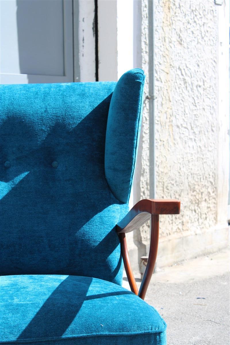 Pair of Italian Armchairs in Cherry Wood Blue Velvet Paolo Buffa Design 1950 For Sale 2