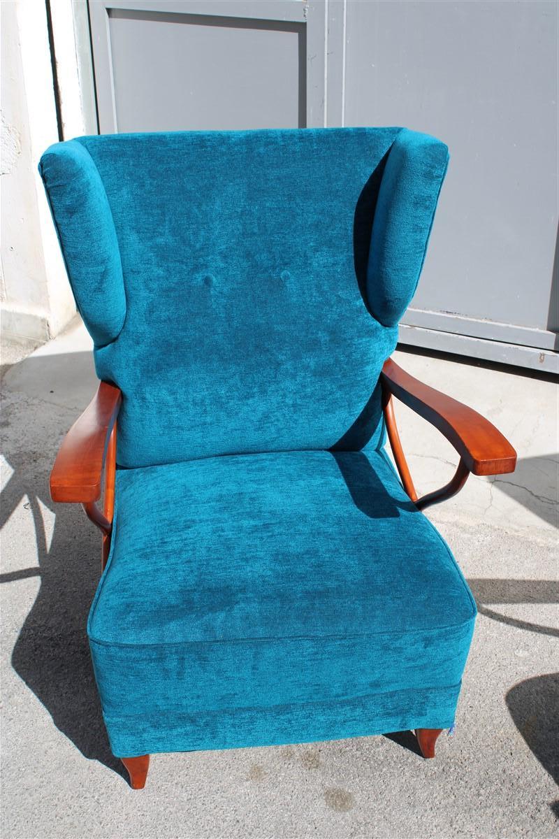 Pair of Italian Armchairs in Cherry Wood Blue Velvet Paolo Buffa Design 1950 For Sale 3