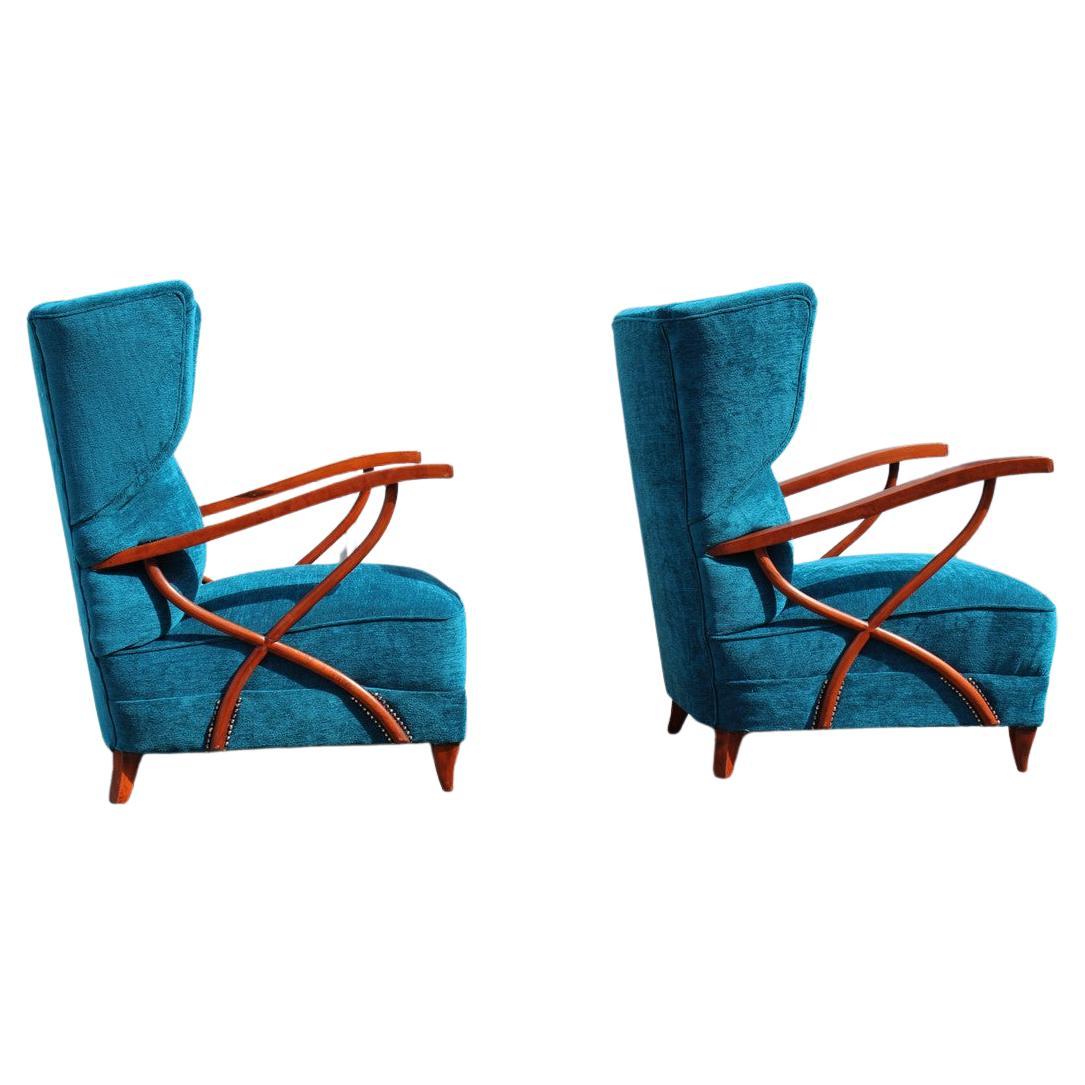 Pair of Italian Armchairs in Cherry Wood Blue Velvet Paolo Buffa Design 1950 For Sale