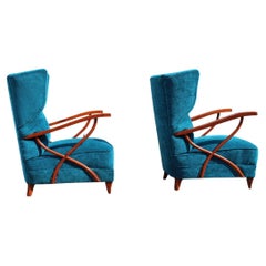 Pair of Italian Armchairs in Cherry Wood Blue Velvet Paolo Buffa Design 1950