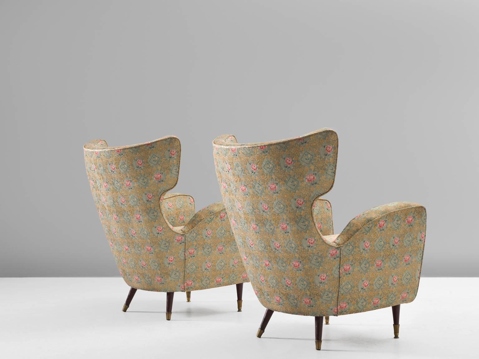 Mid-Century Modern Pair of Italian Armchairs in Floral Upholstery