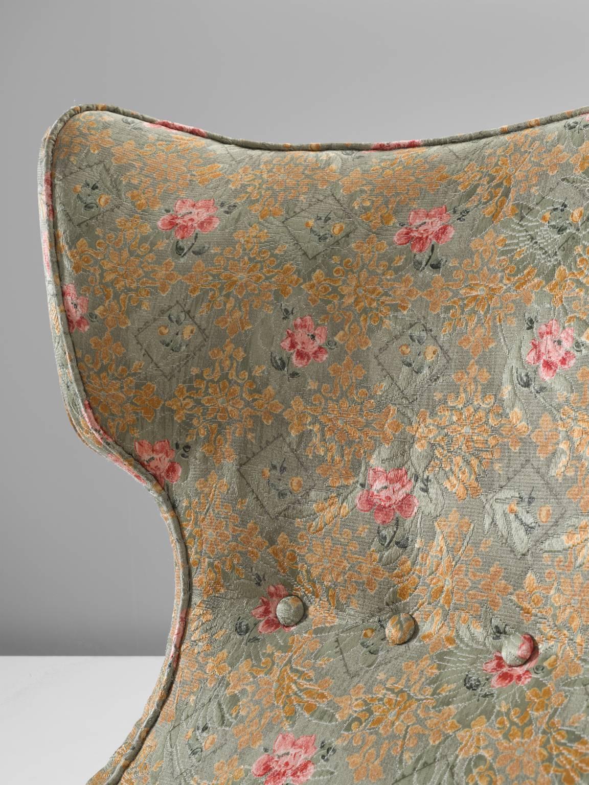 Brass Pair of Italian Armchairs in Floral Upholstery