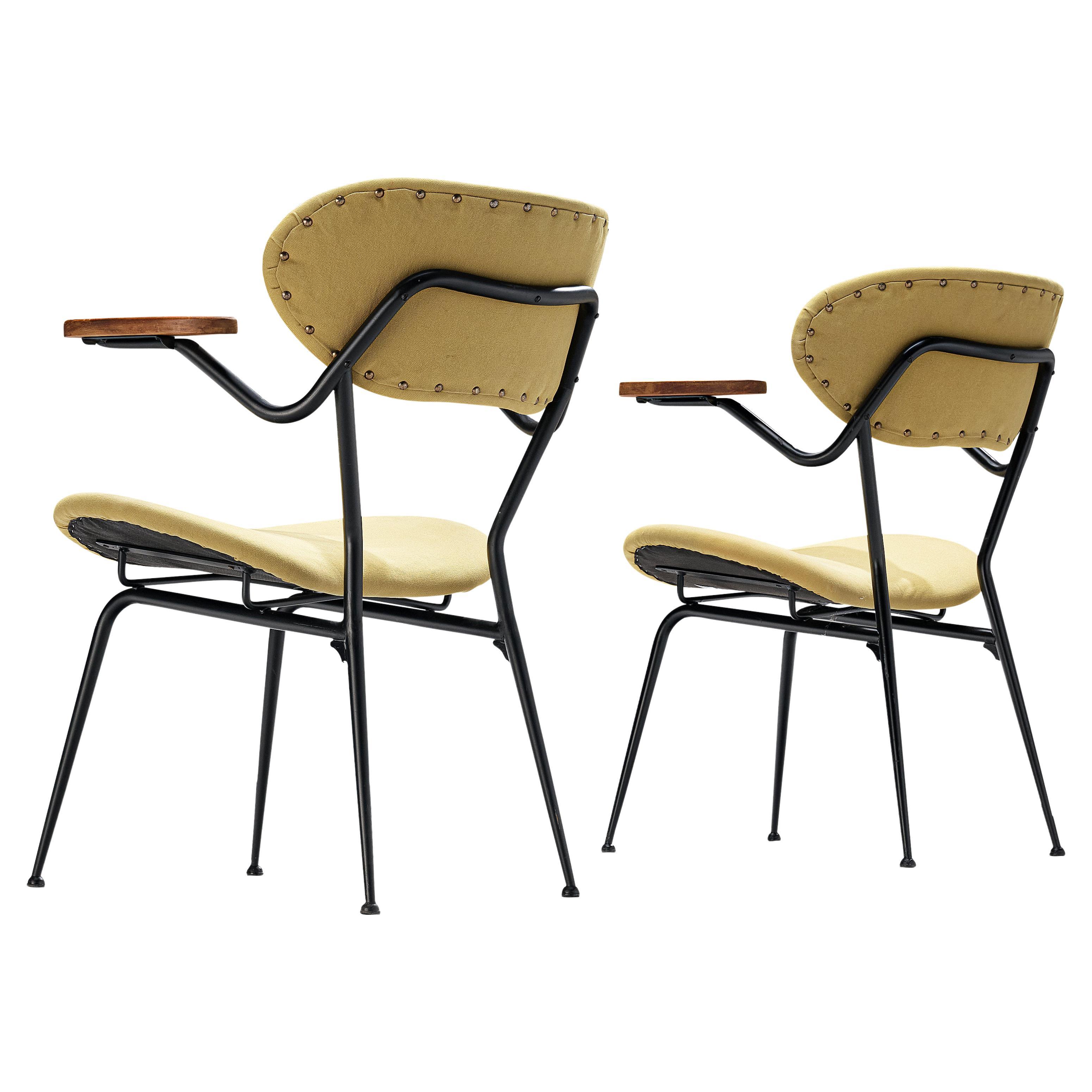 Pair of Italian Armchairs in Metal and Olive Green Fabric