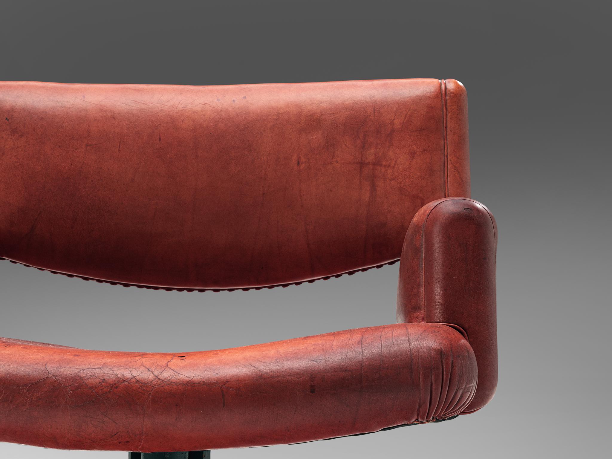 Post-Modern Italian Pair of Armchairs in Original Patinated Red Leather