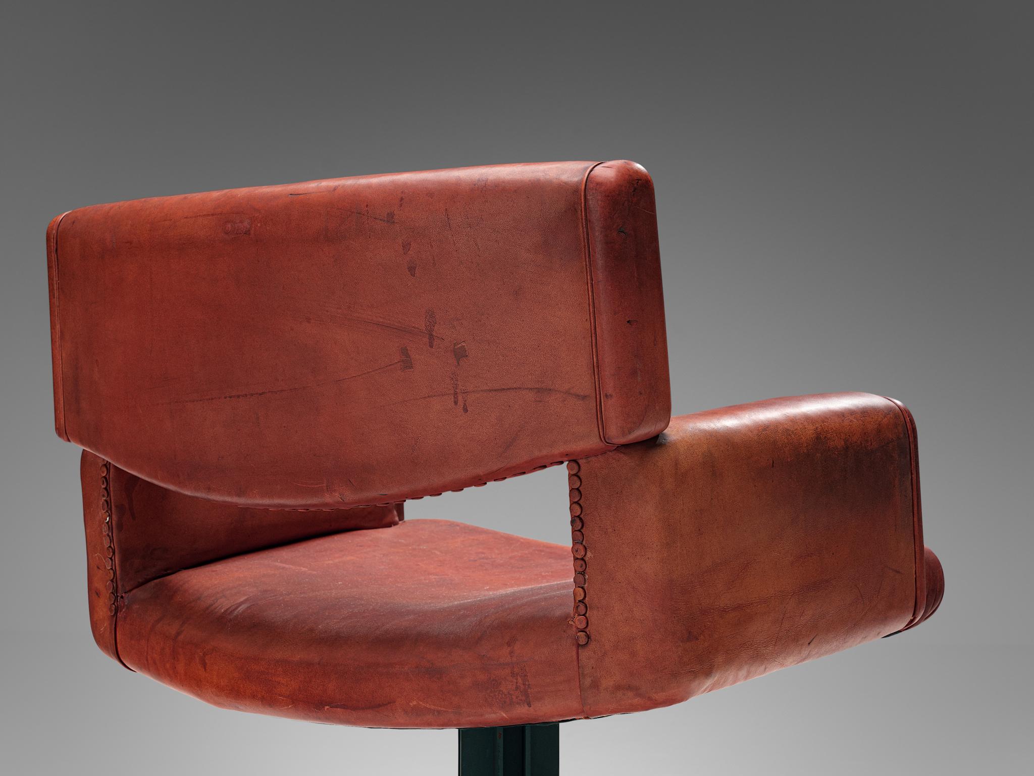 Late 20th Century Italian Pair of Armchairs in Original Patinated Red Leather