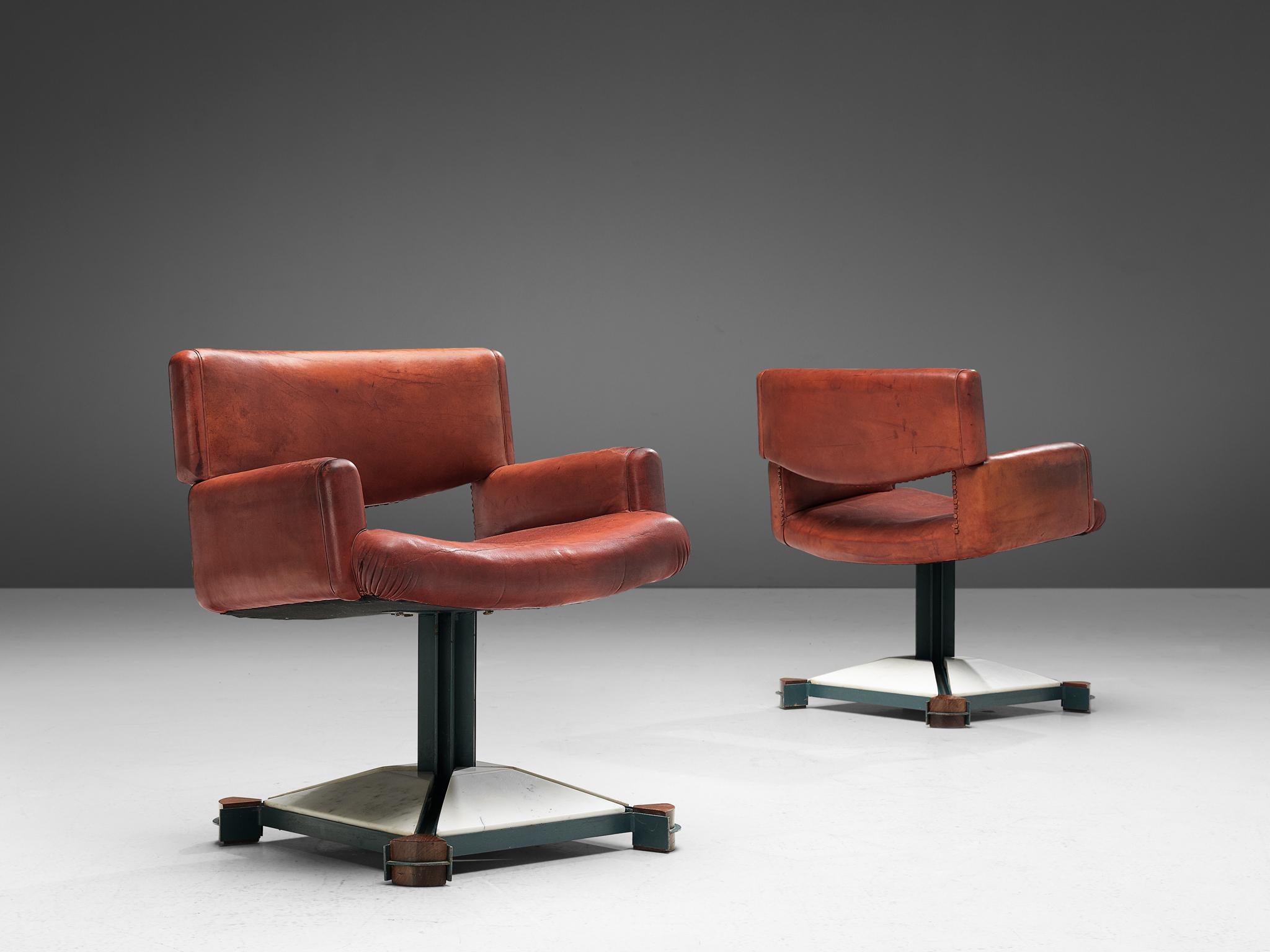 Steel Italian Pair of Armchairs in Original Patinated Red Leather For Sale