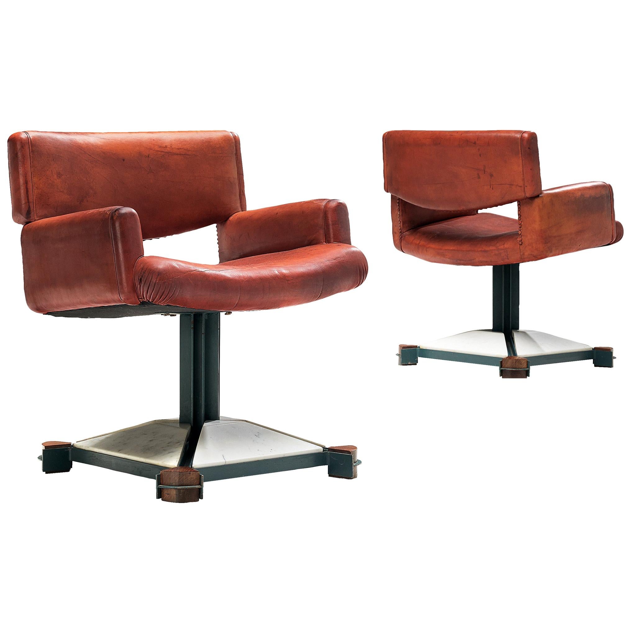 Italian Pair of Armchairs in Original Patinated Red Leather