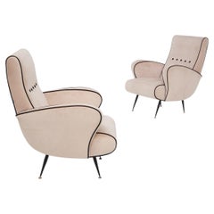 Pair of Italian Armchairs in Pink Velvet and Brass