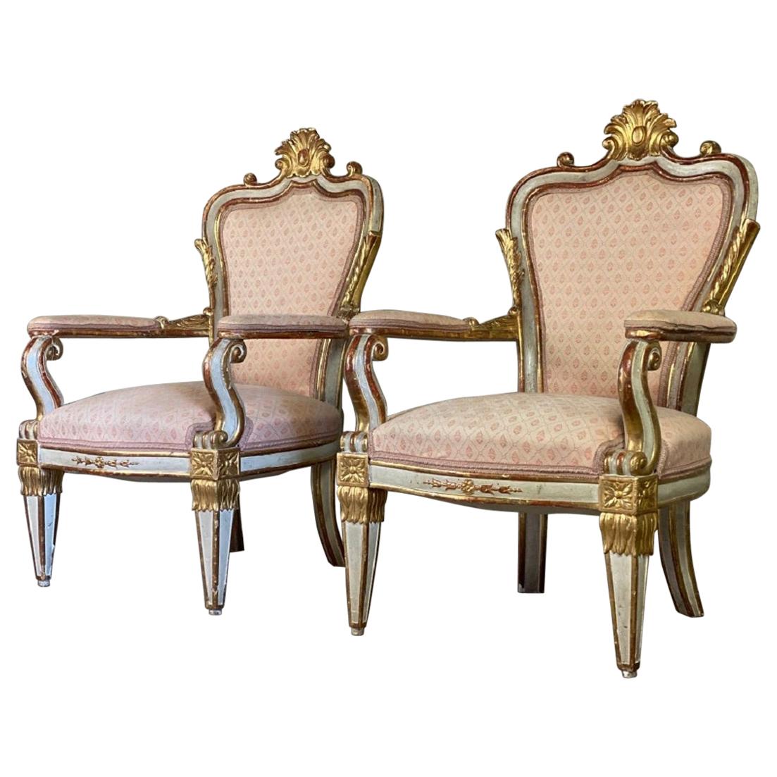 Pair of Italian Armchairs in Sculpted Giltwood For Sale