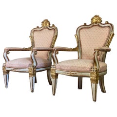 Antique Pair of Italian Armchairs in Sculpted Giltwood