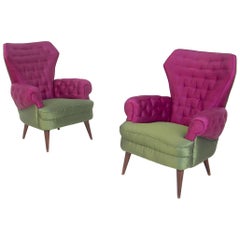 Paire de fauteuils italiens en soie violet et vert, années 1950