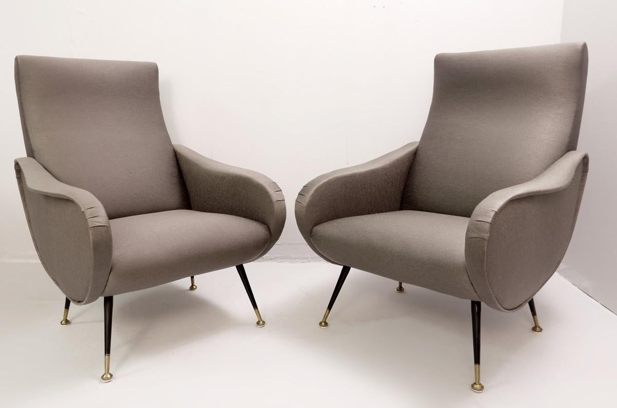 Pair of Italian armchairs in the style of Marco Zanuso, new graphite gray upholstery.