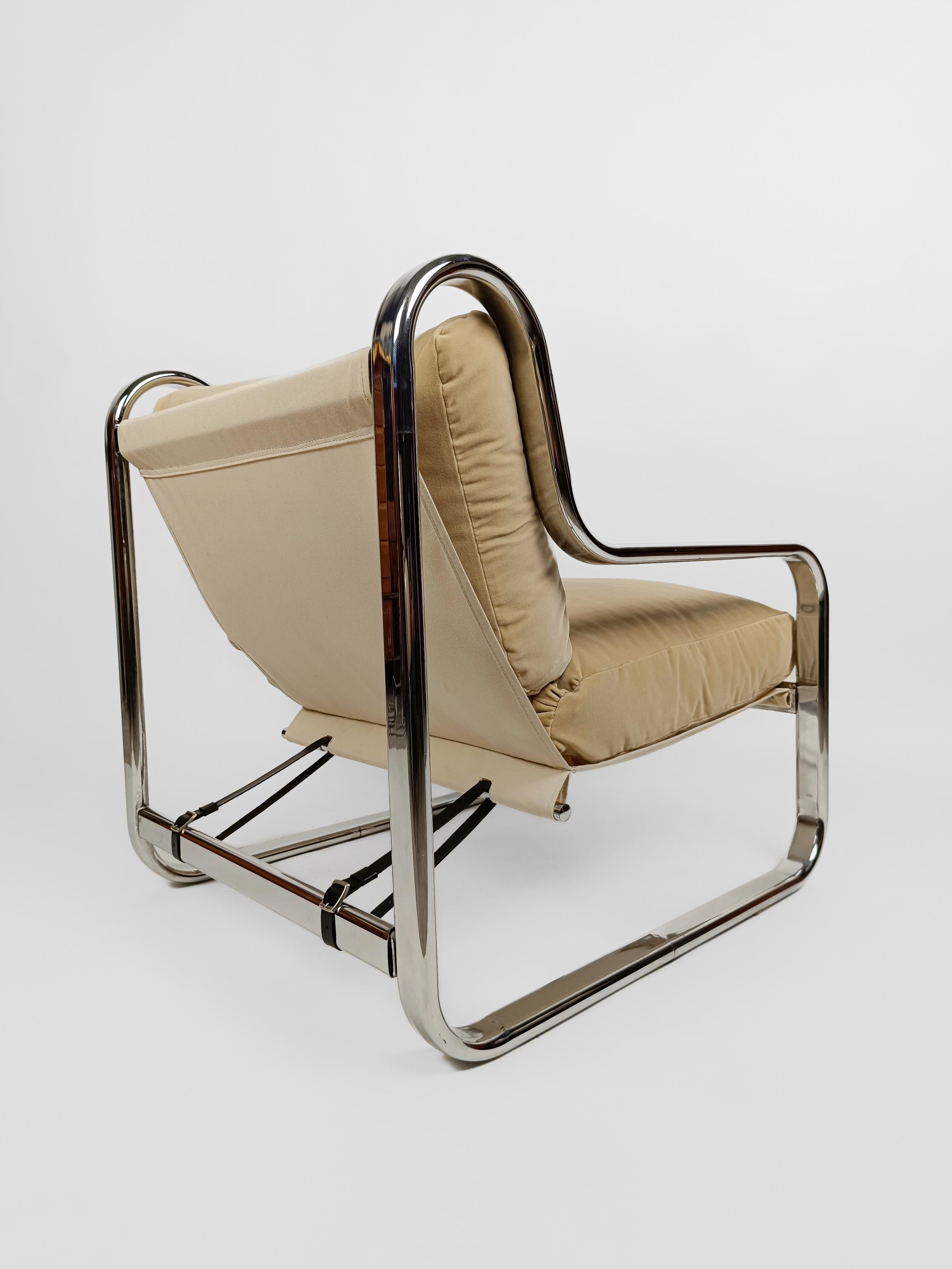Pair of Italian Armchairs in Tubolar Chrome Steel and Beige Vellvet, 1970s 5
