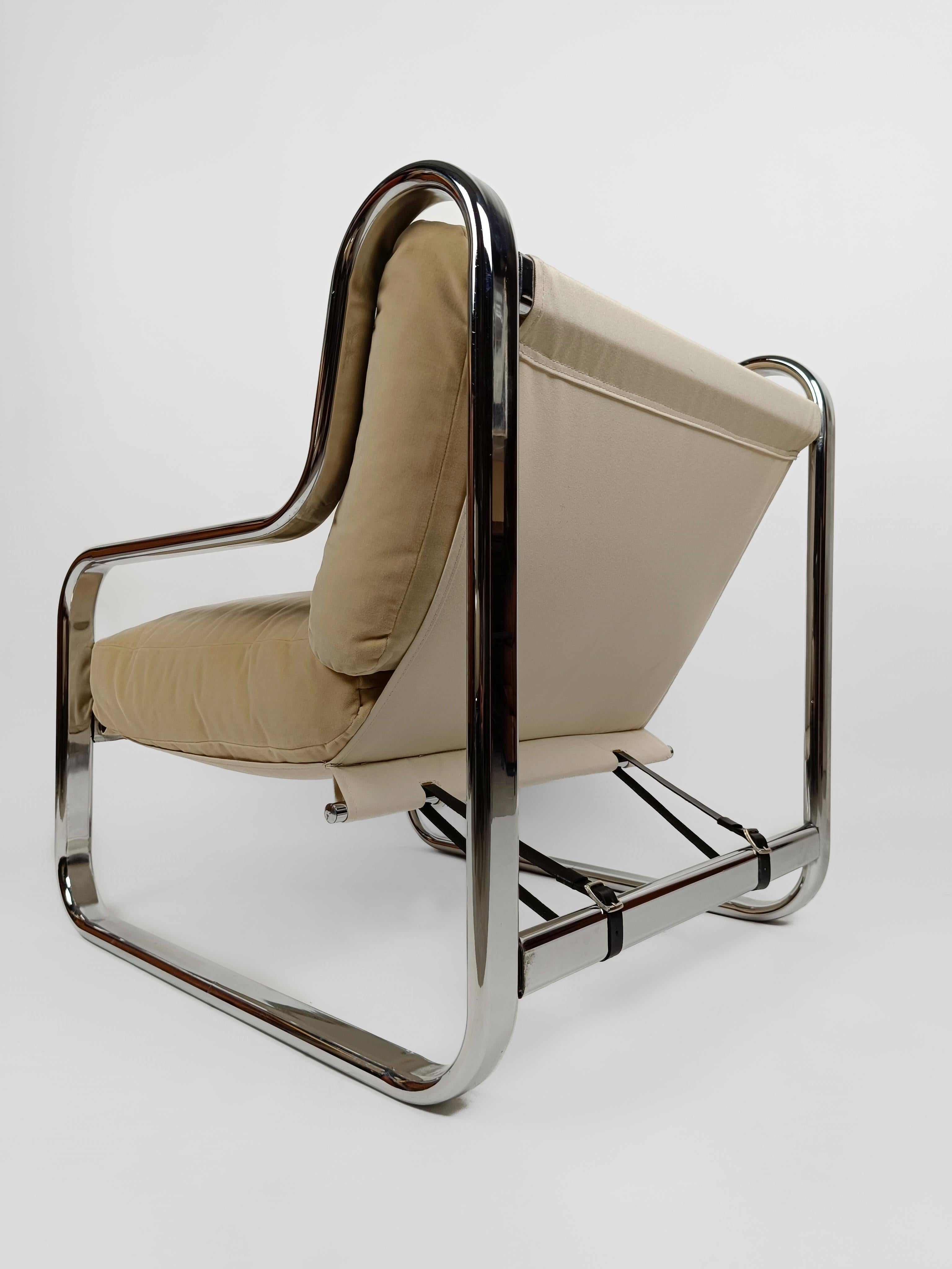 Pair of Italian Armchairs in Tubolar Chrome Steel and Beige Vellvet, 1970s 8