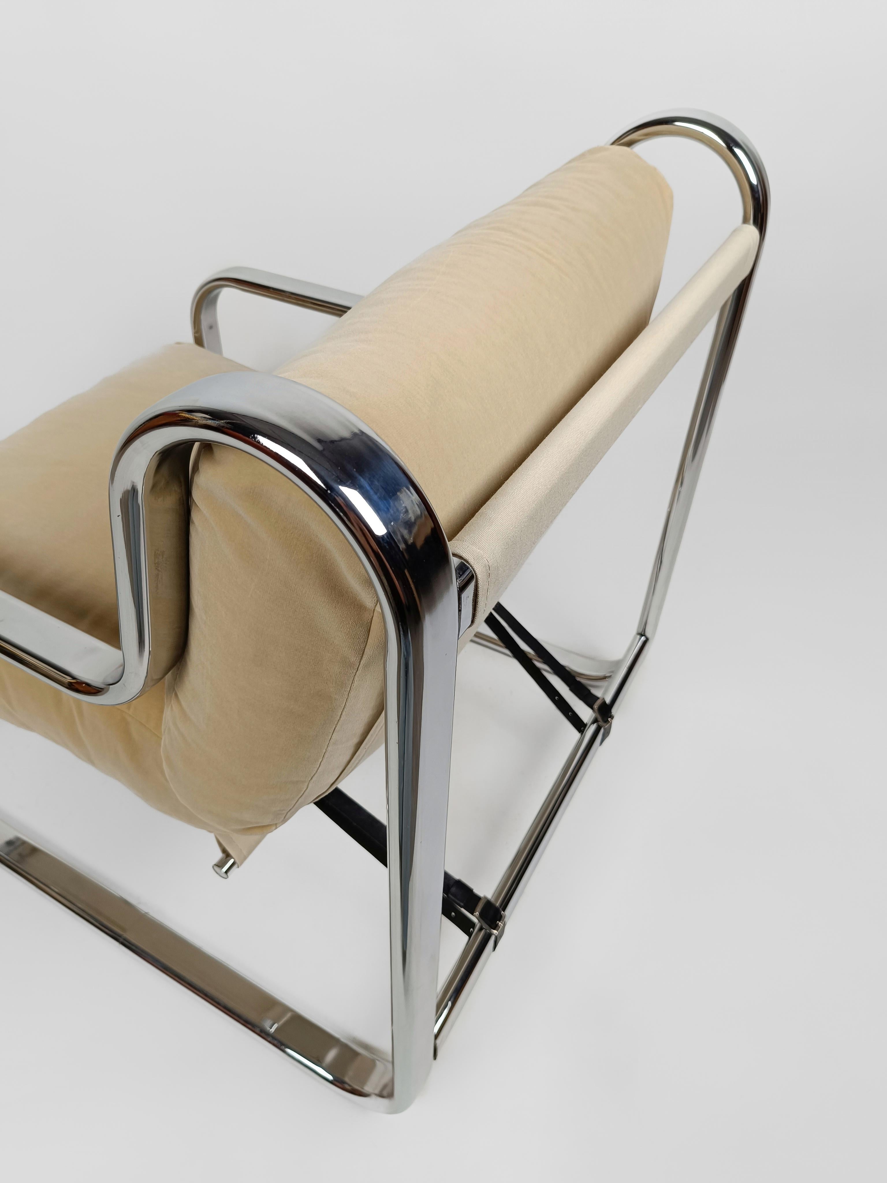 Pair of Italian Armchairs in Tubolar Chrome Steel and Beige Vellvet, 1970s 9