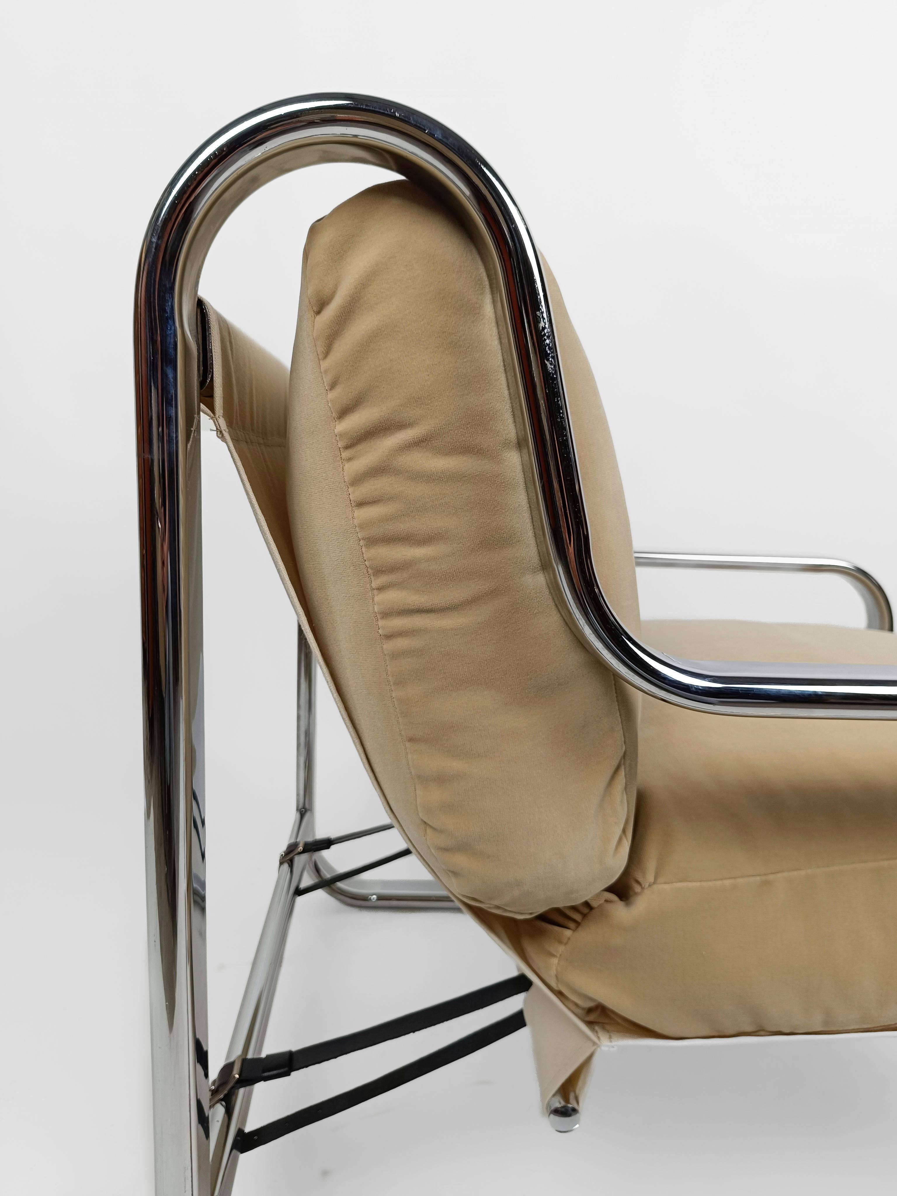Pair of Italian Armchairs in Tubolar Chrome Steel and Beige Vellvet, 1970s 11