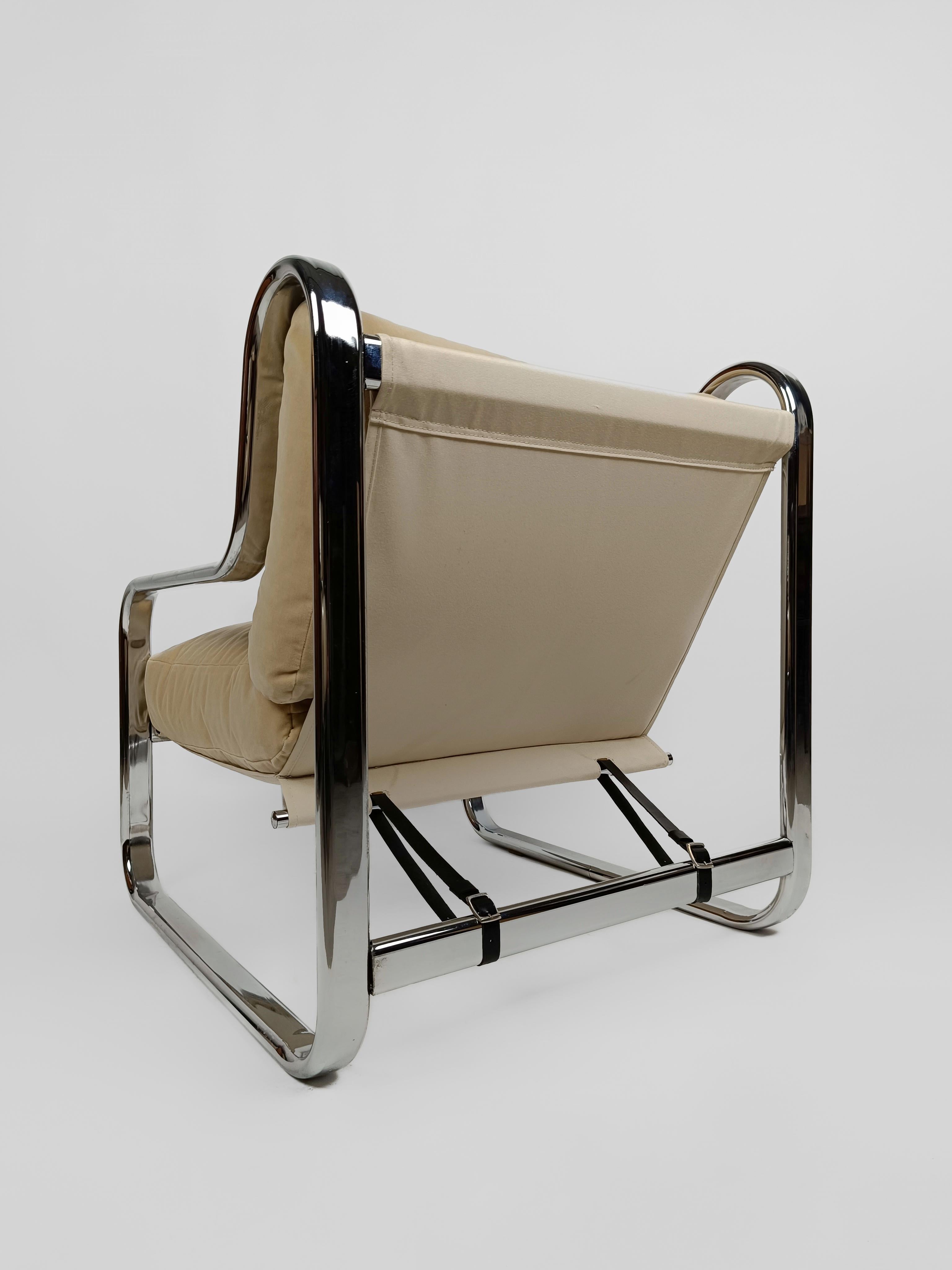 Pair of Italian Armchairs in Tubolar Chrome Steel and Beige Vellvet, 1970s 13