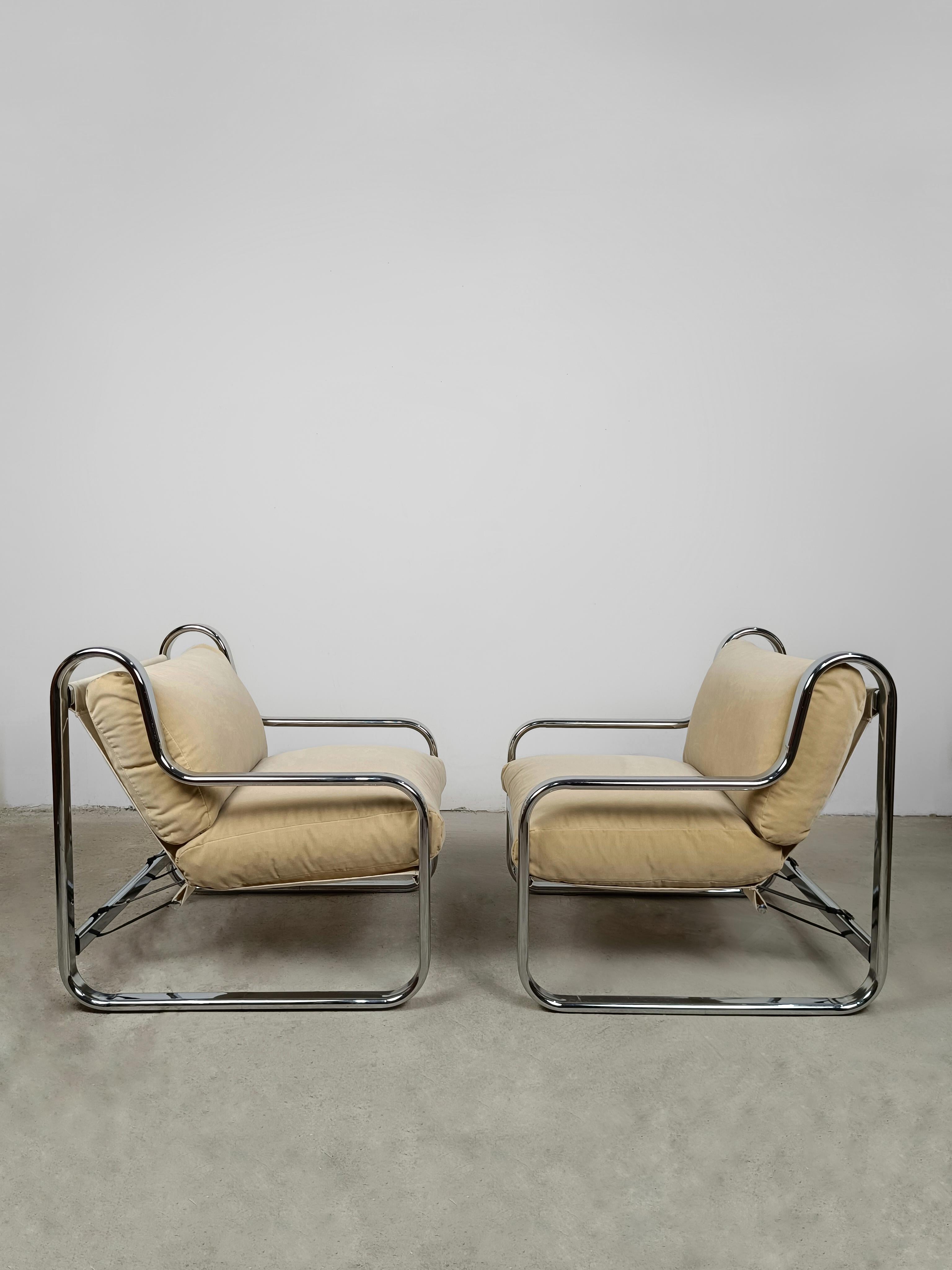 20th Century Pair of Italian Armchairs in Tubolar Chrome Steel and Beige Vellvet, 1970s