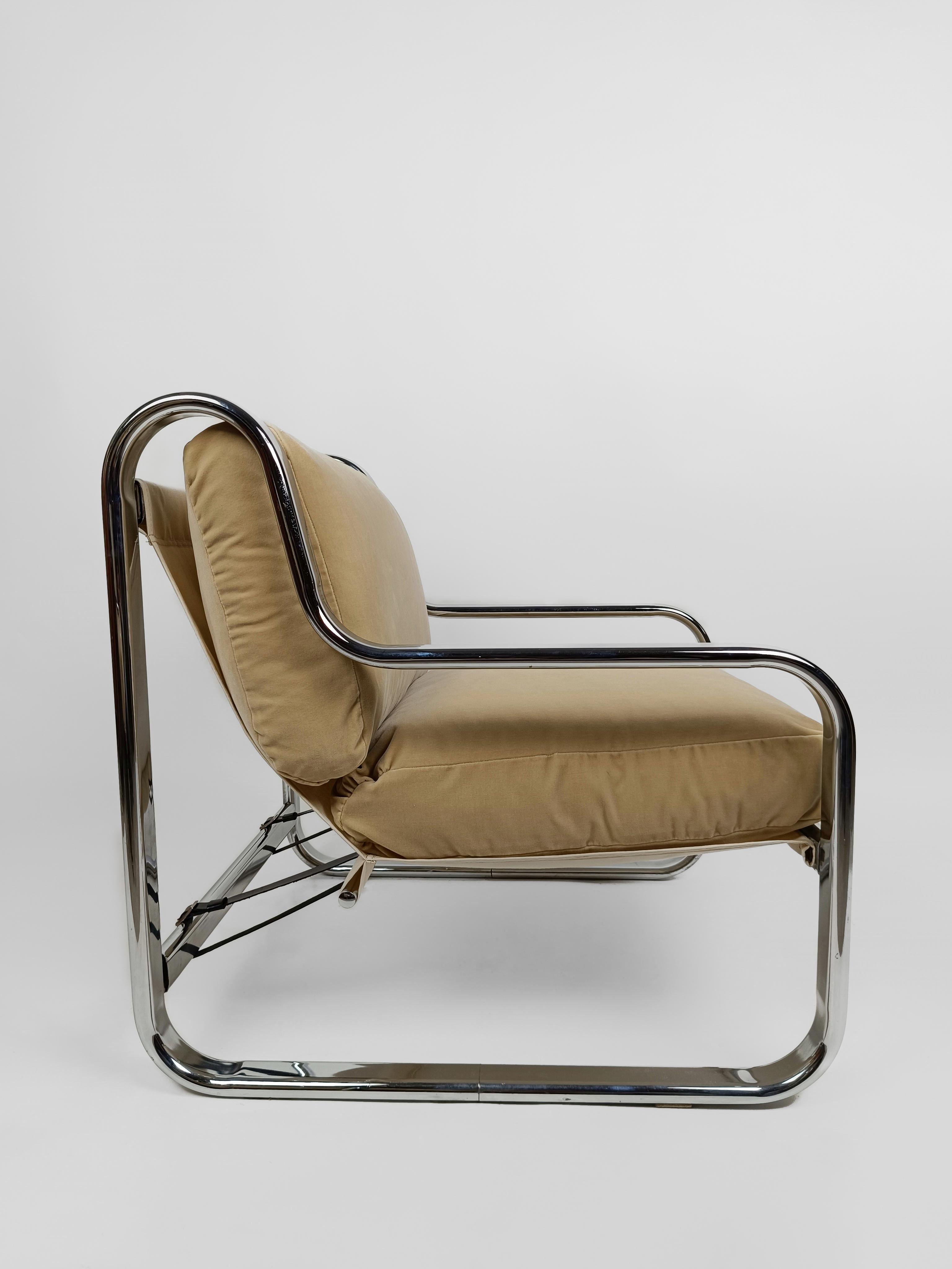 Cotton Pair of Italian Armchairs in Tubolar Chrome Steel and Beige Vellvet, 1970s