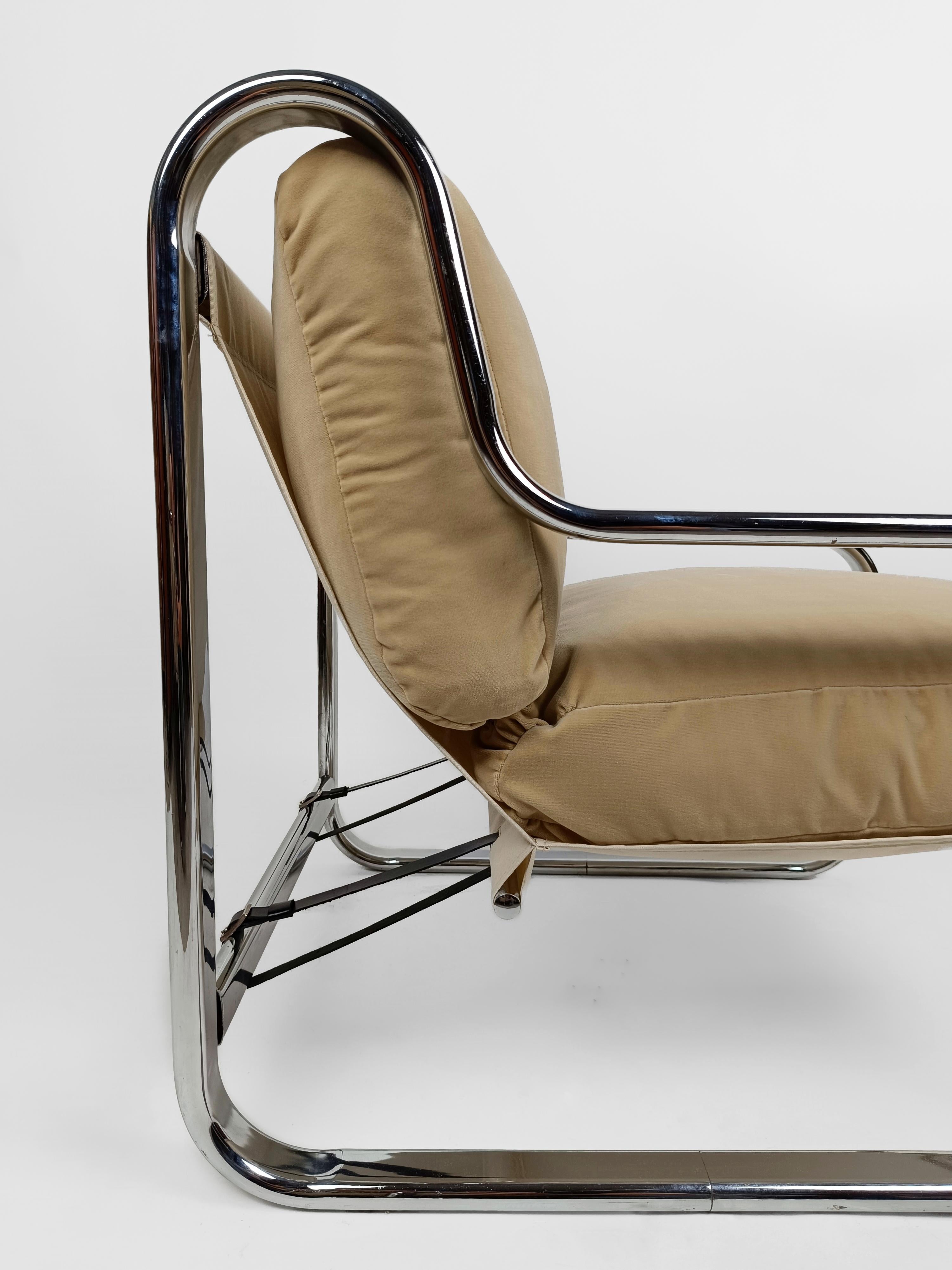 Pair of Italian Armchairs in Tubolar Chrome Steel and Beige Vellvet, 1970s 2