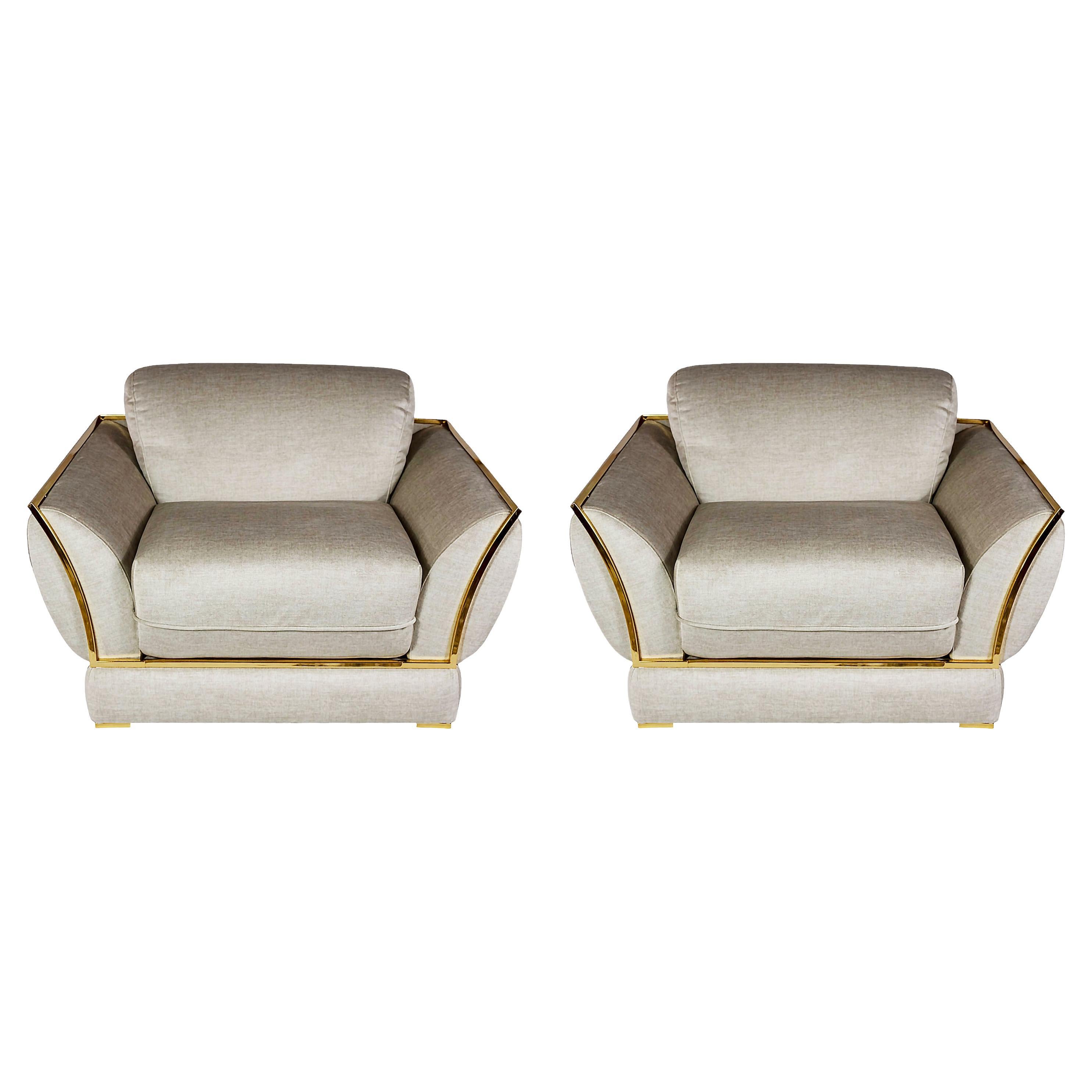 Pair of Italian Armchairs in Velour and Gilt Metal by Alberto Smania, 1970's