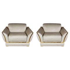 Vintage Pair of Italian Armchairs in Velour and Gilt Metal by Alberto Smania, 1970's