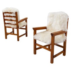 Pair of Italian Armchairs in White Fur and Walnut Wood