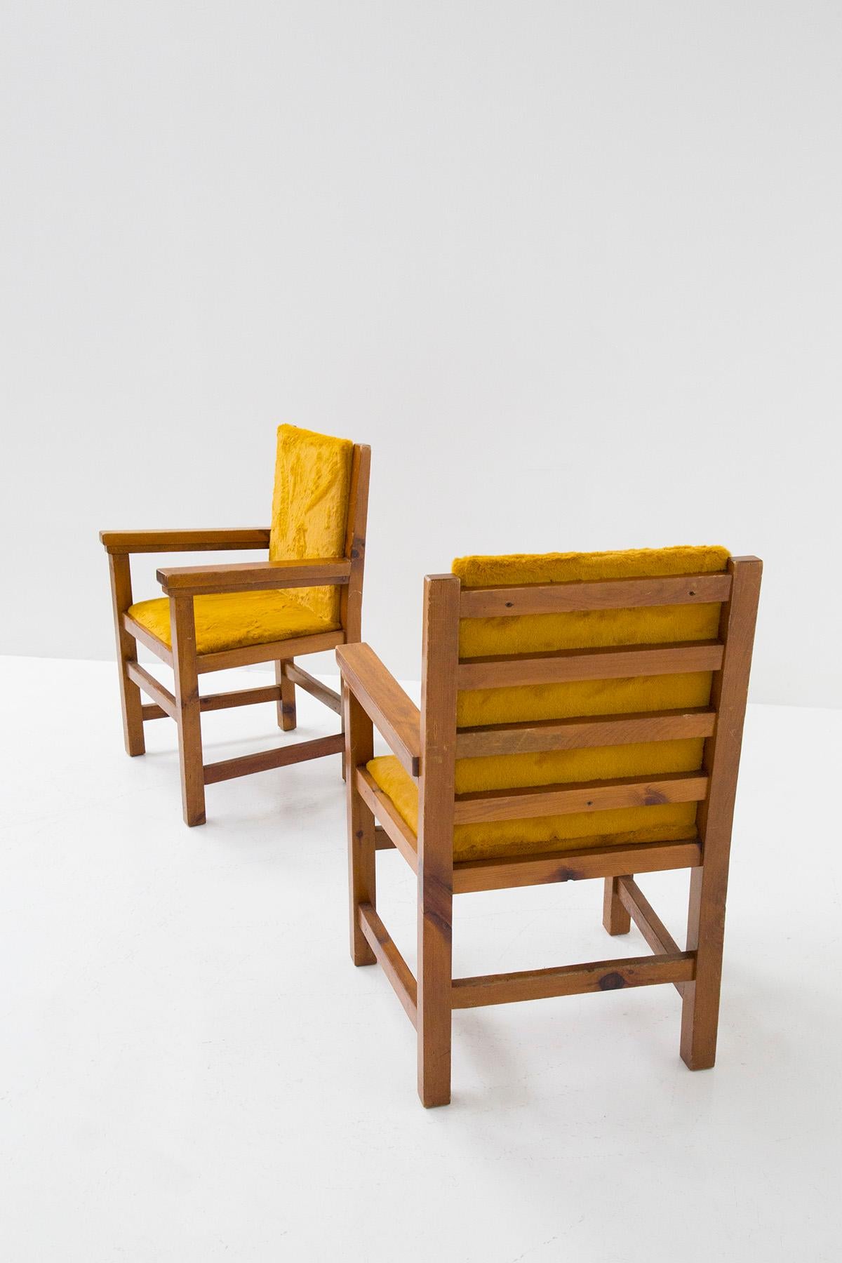 Pair of Italian Armchairs in Yellow Fur and Walnut Wood 4