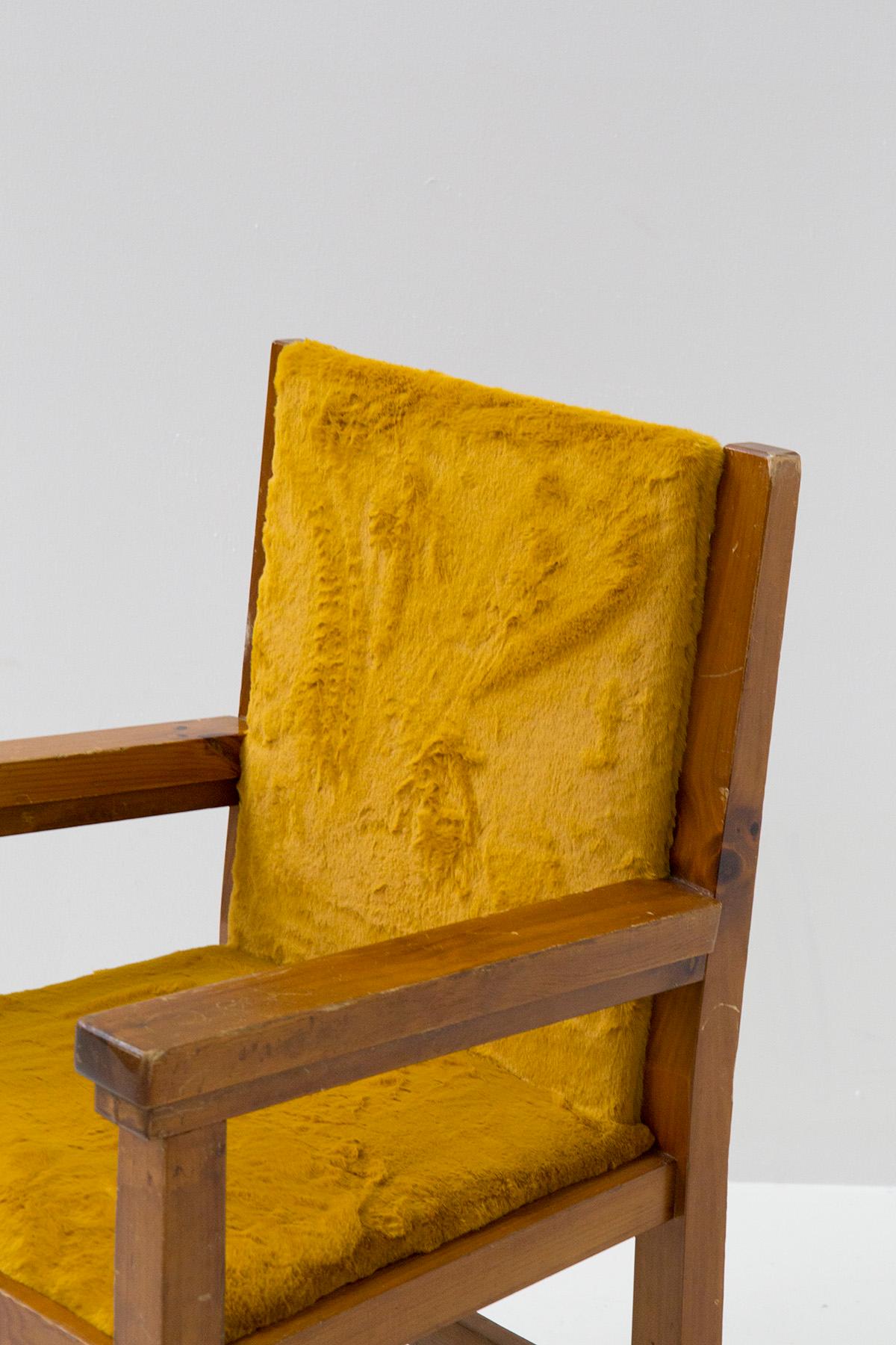 Mid-20th Century Pair of Italian Armchairs in Yellow Fur and Walnut Wood