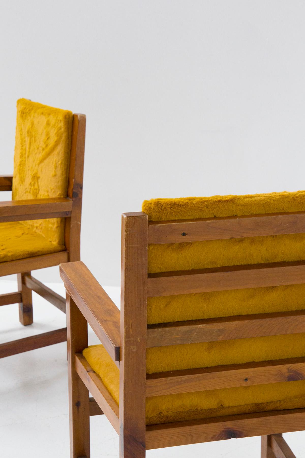 Pair of Italian Armchairs in Yellow Fur and Walnut Wood 1