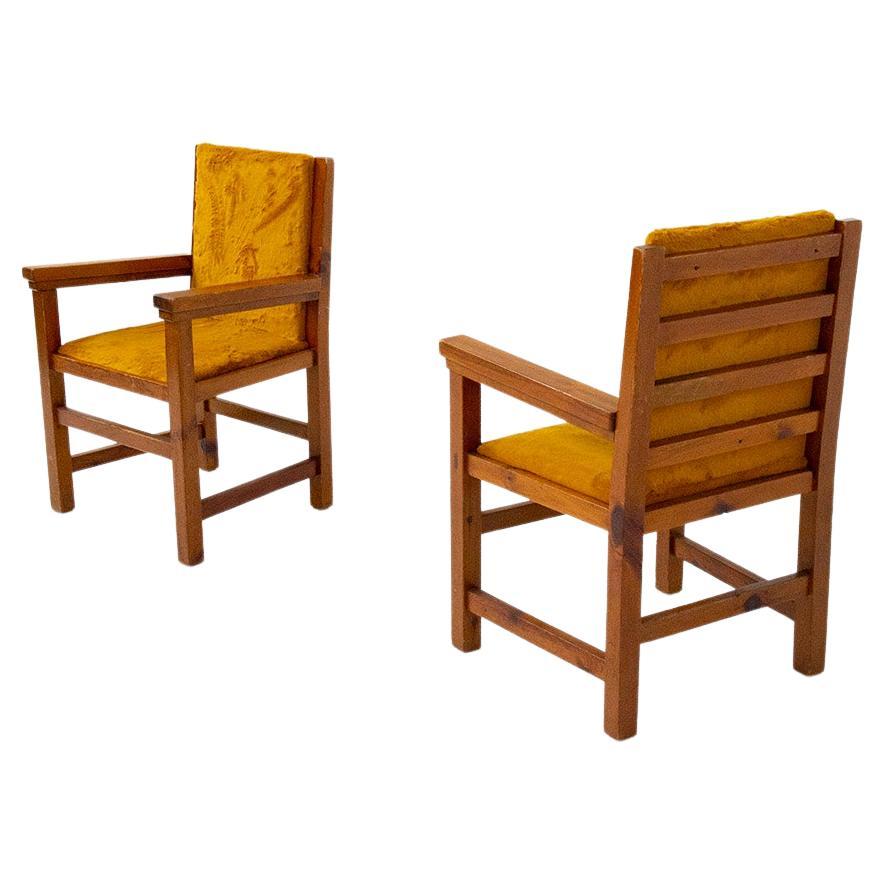 Pair of Italian Armchairs in Yellow Fur and Walnut Wood