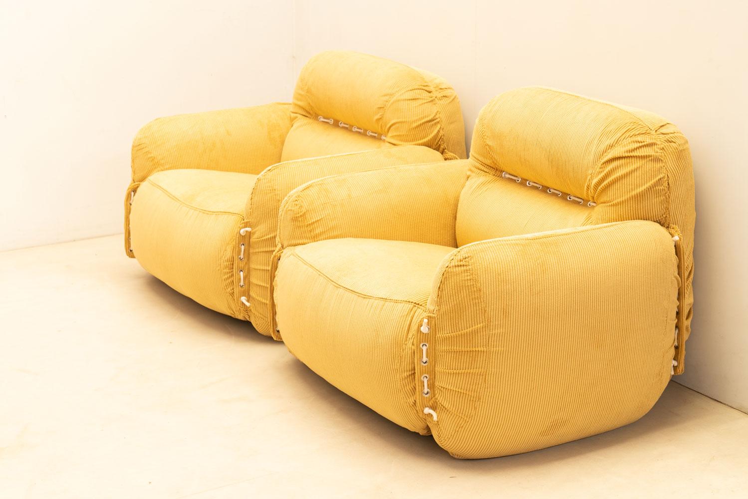 Space Age Pair of italian armchairs in yellow velvet, 1970s For Sale