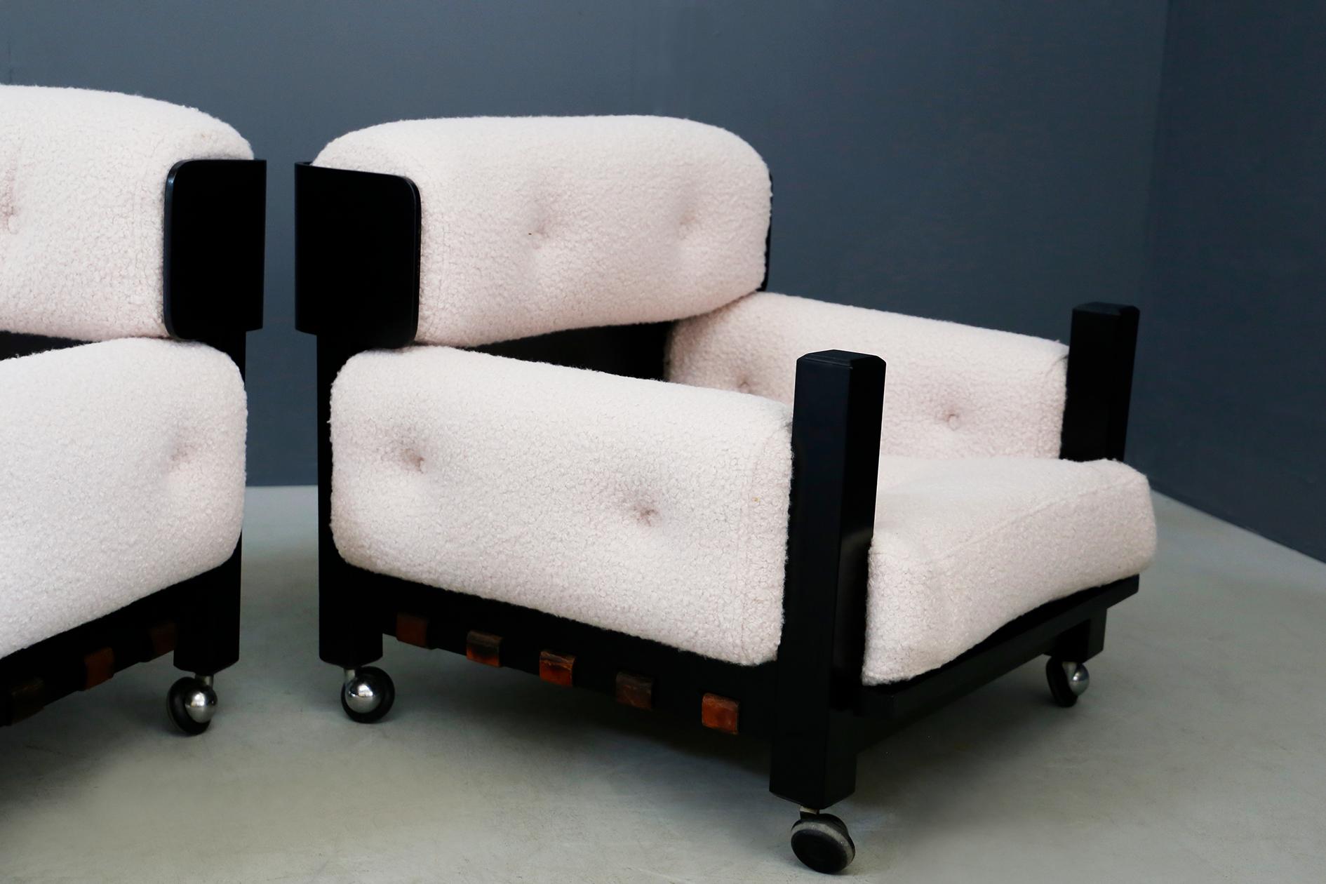 Pair of Italian Armchairs in Bouclé Fabric White and Black Wood, 1960s 11