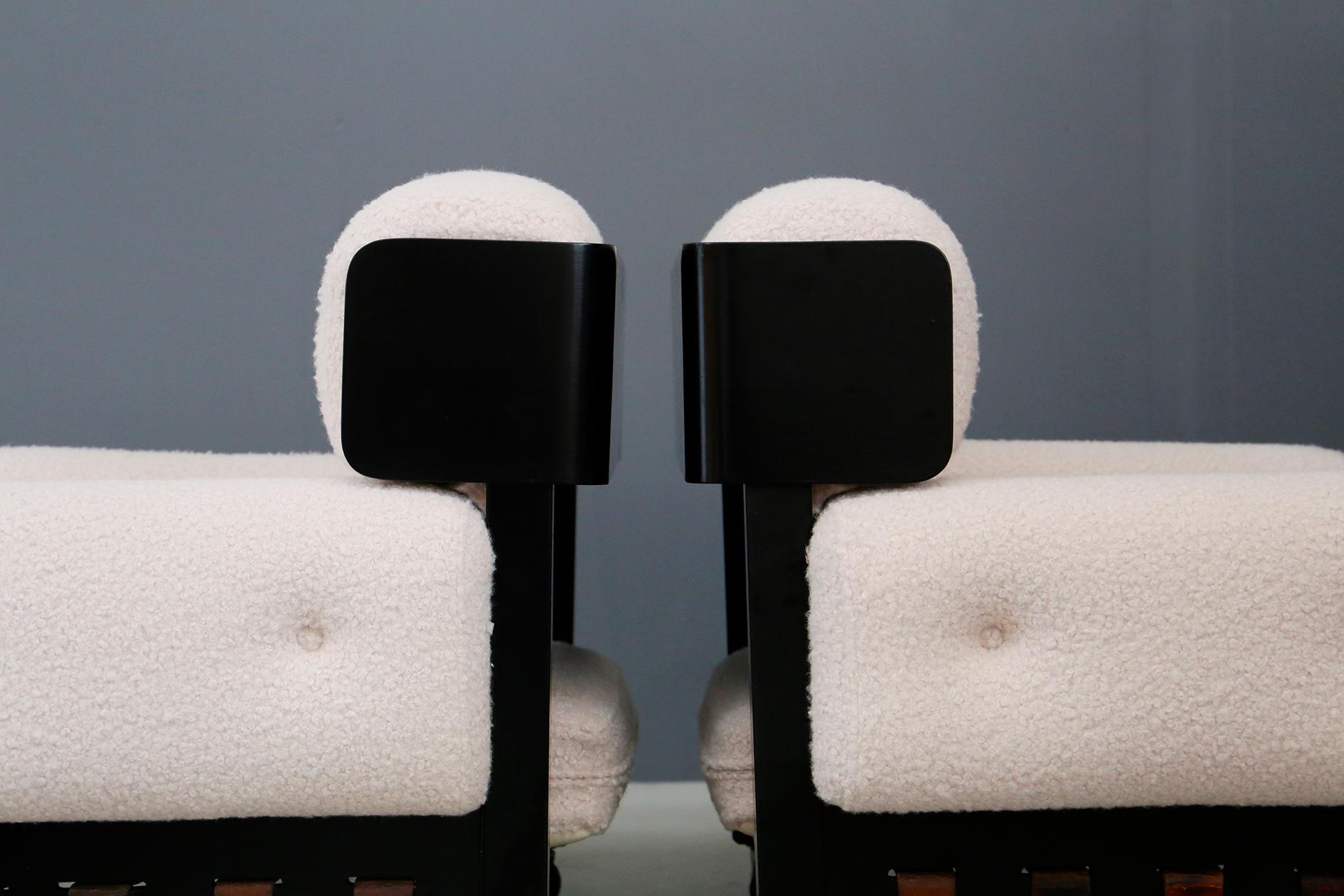 Pair of Italian Armchairs in Bouclé Fabric White and Black Wood, 1960s 3