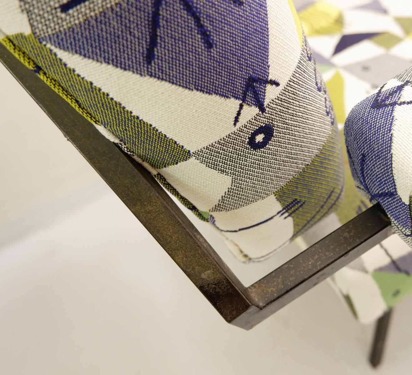 Mid-Century Modern Pair of Italian Armchairs, New Fish Woven Fabric Upholstery