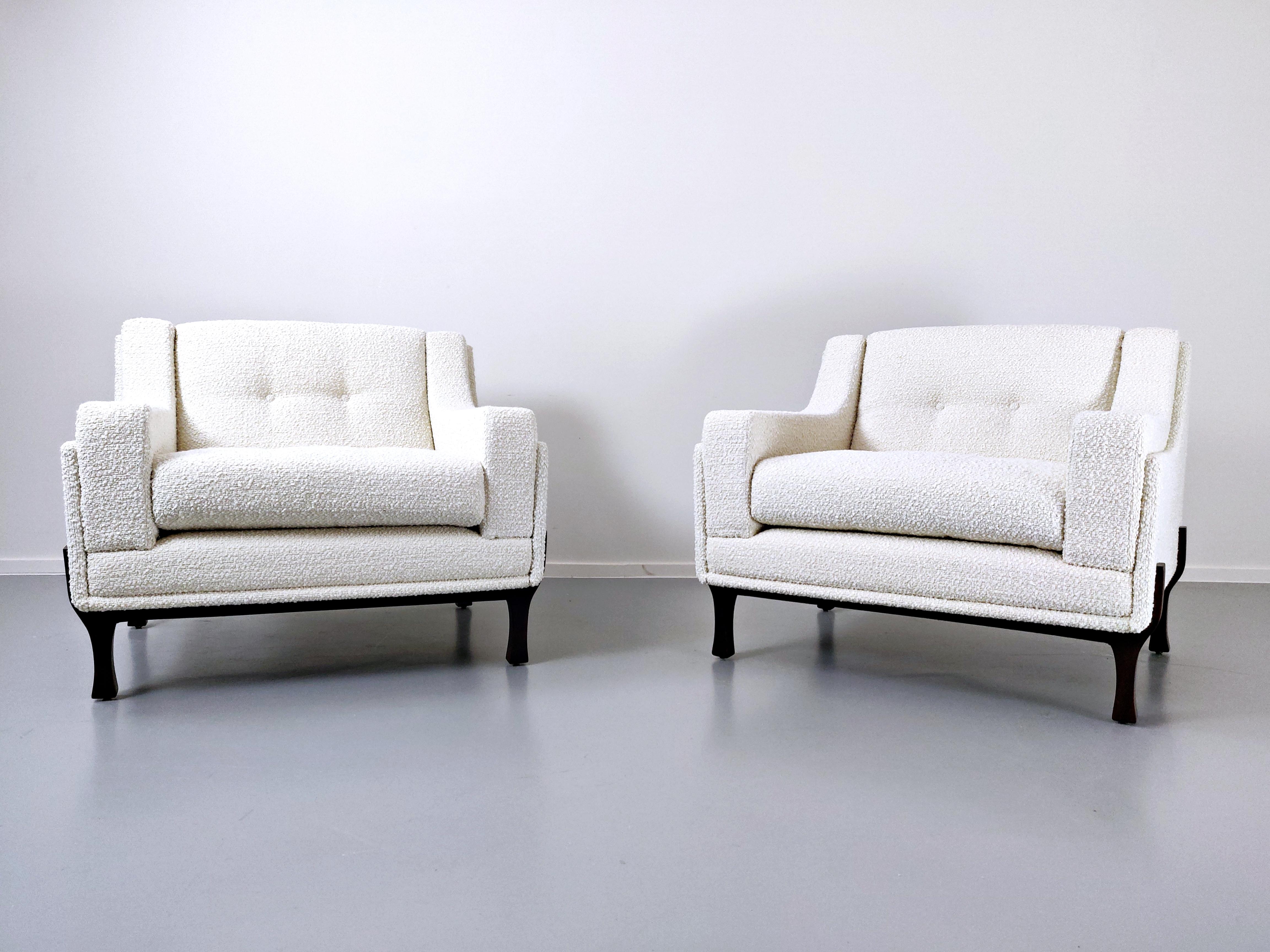 20th Century Pair of Italian Mid-Century Modern  Armchairs, New Upholstery- White Fabric 