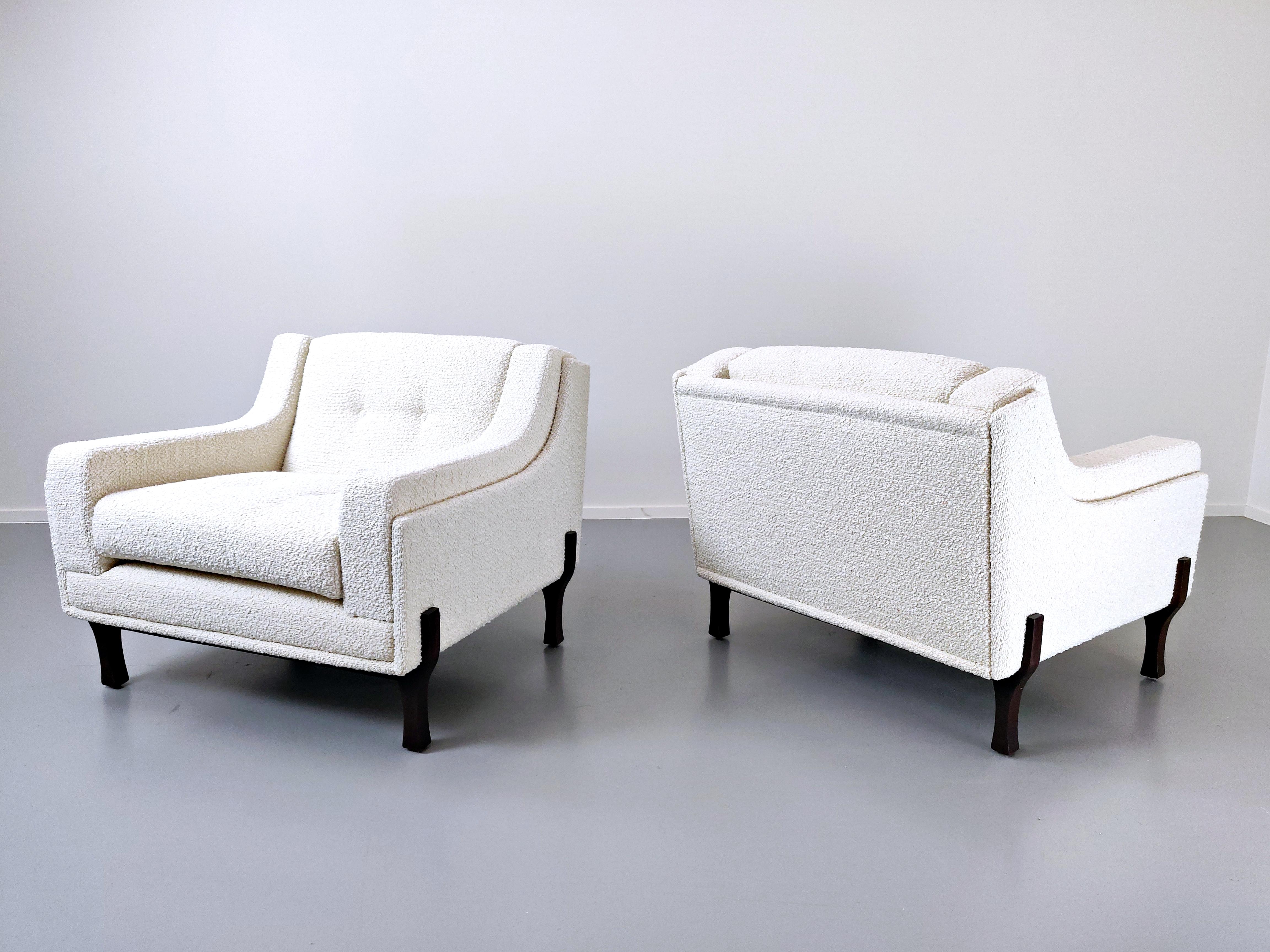 Pair of Italian Mid-Century Modern  Armchairs, New Upholstery- White Fabric  1