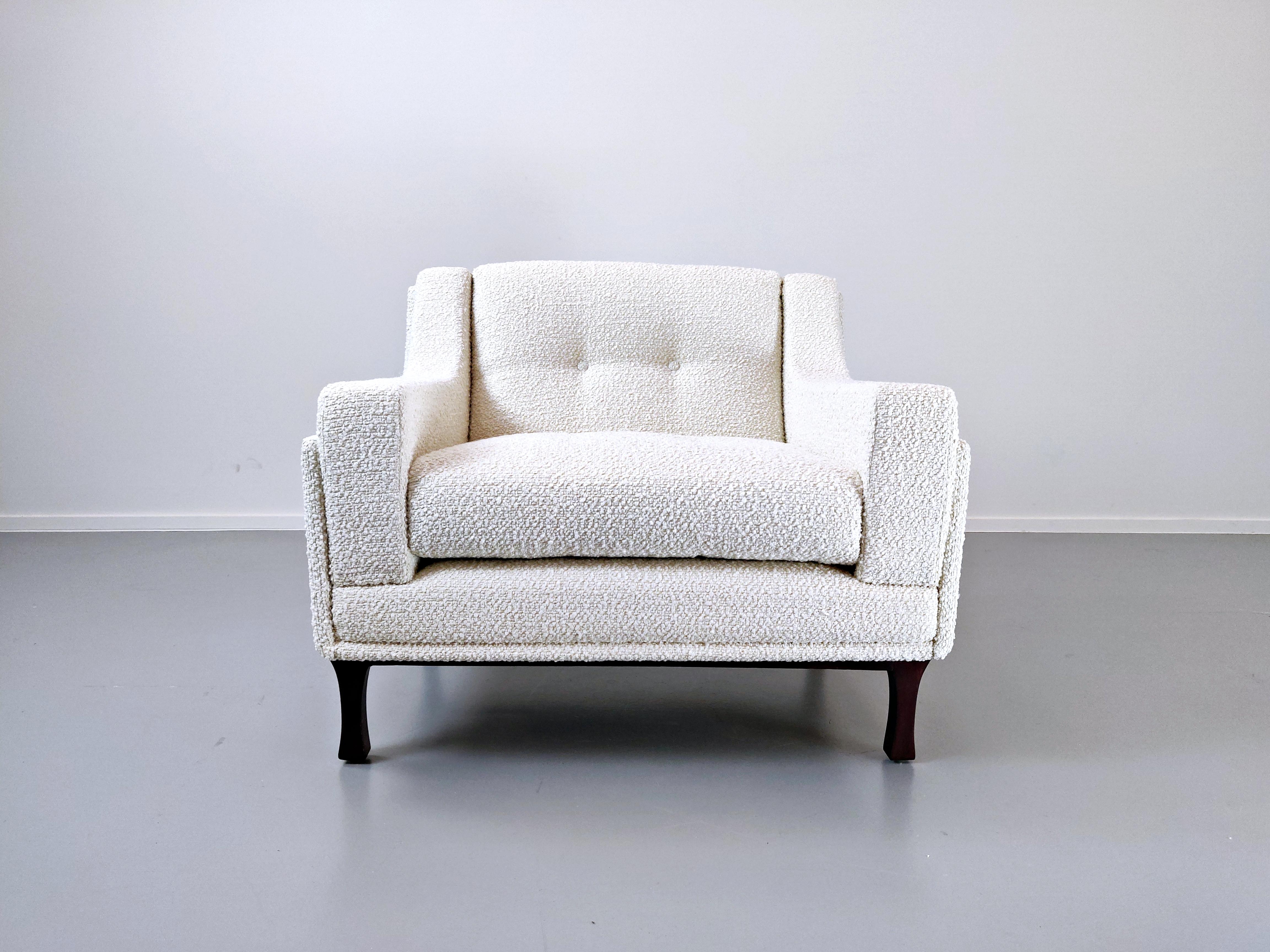 Pair of Italian Mid-Century Modern  Armchairs, New Upholstery- White Fabric  2