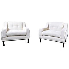 Pair of Italian Mid-Century Modern  Armchairs, New Upholstery- White Fabric 