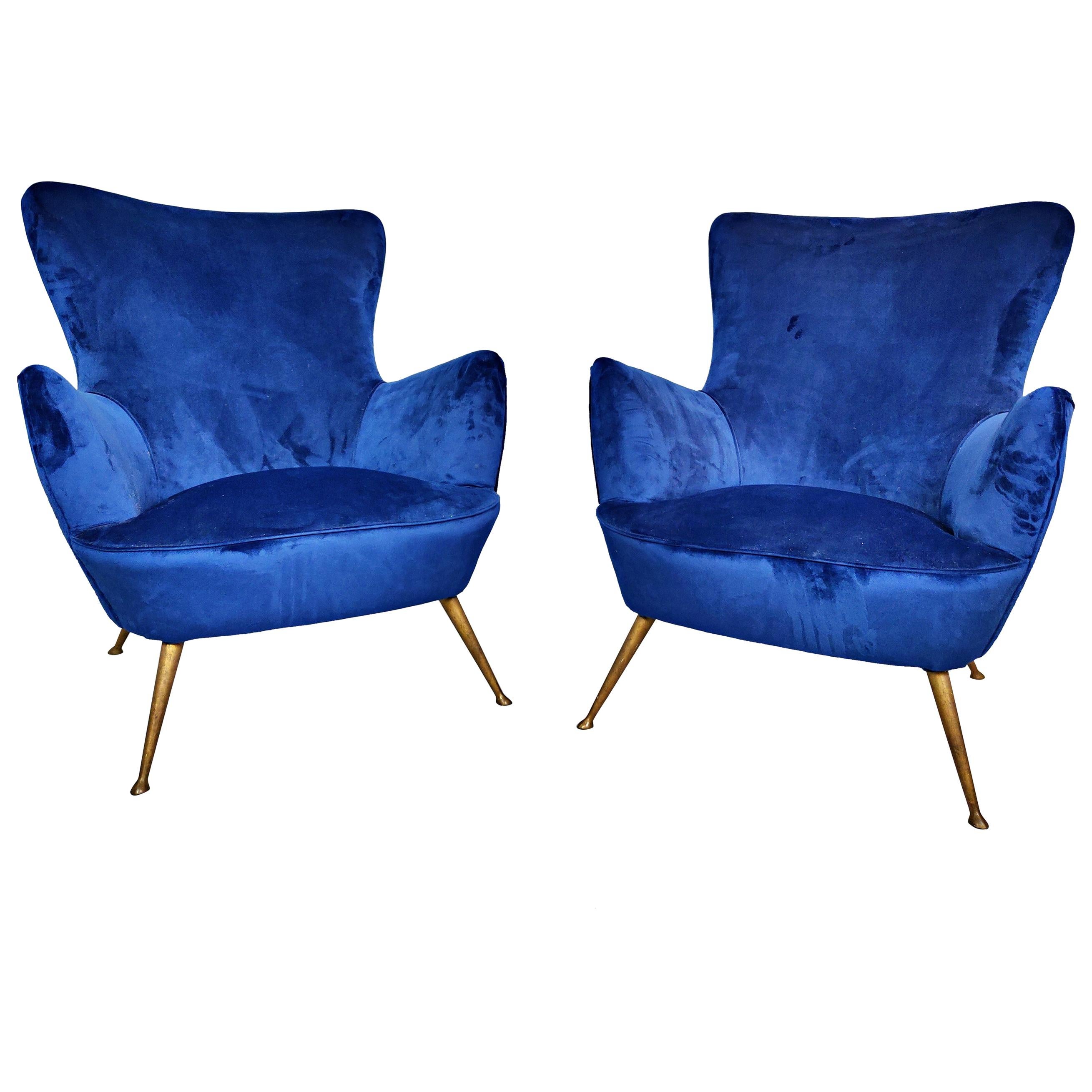Pair of Italian Armchairs, New Upholstery, 1950s For Sale