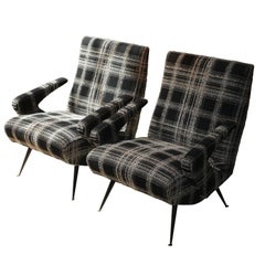 Pair of Italian Armchairs of the 1950s in Black and White Wool and Iron