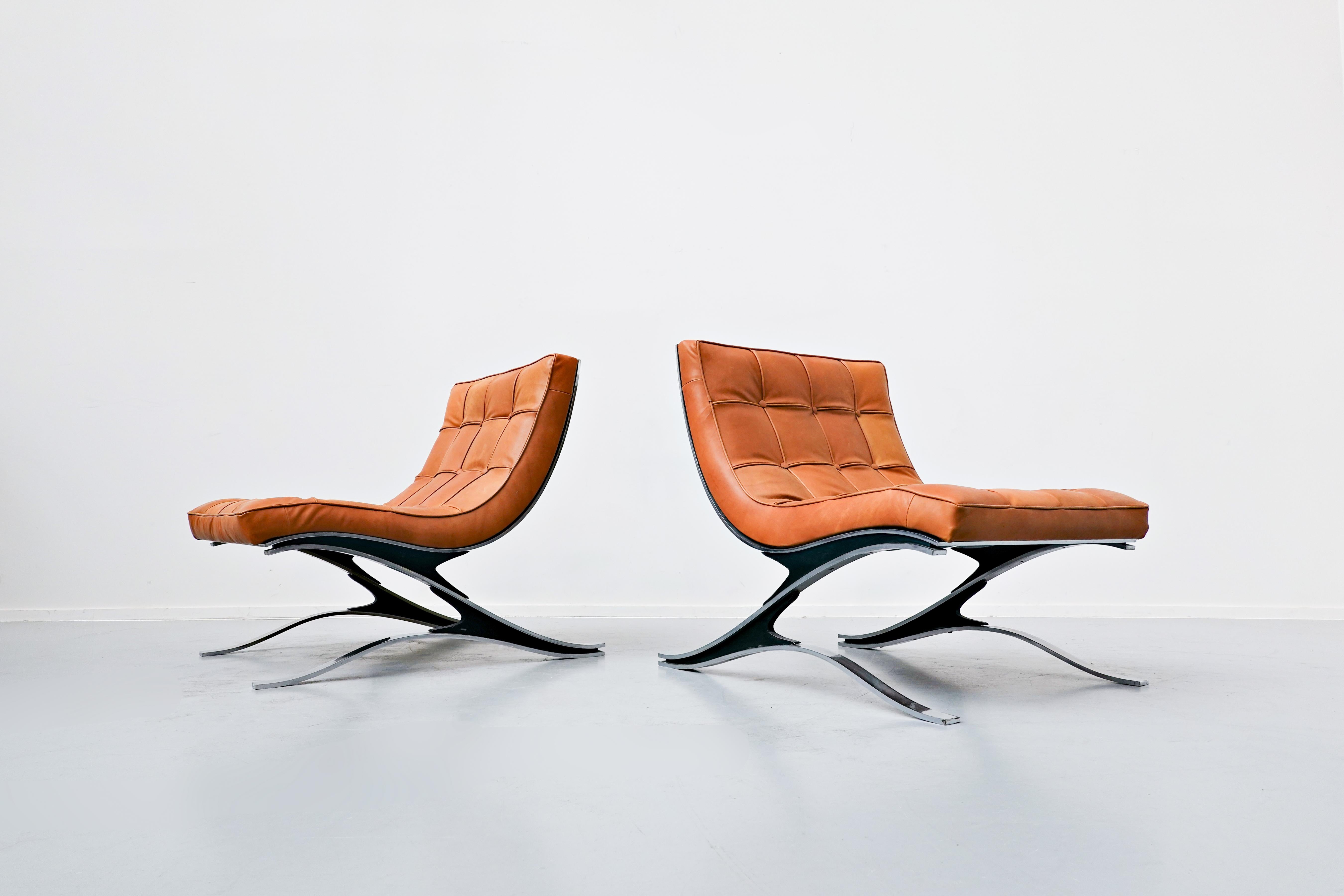 Pair of Italian armchairs Pizzetti, steel and leather, 1970s.