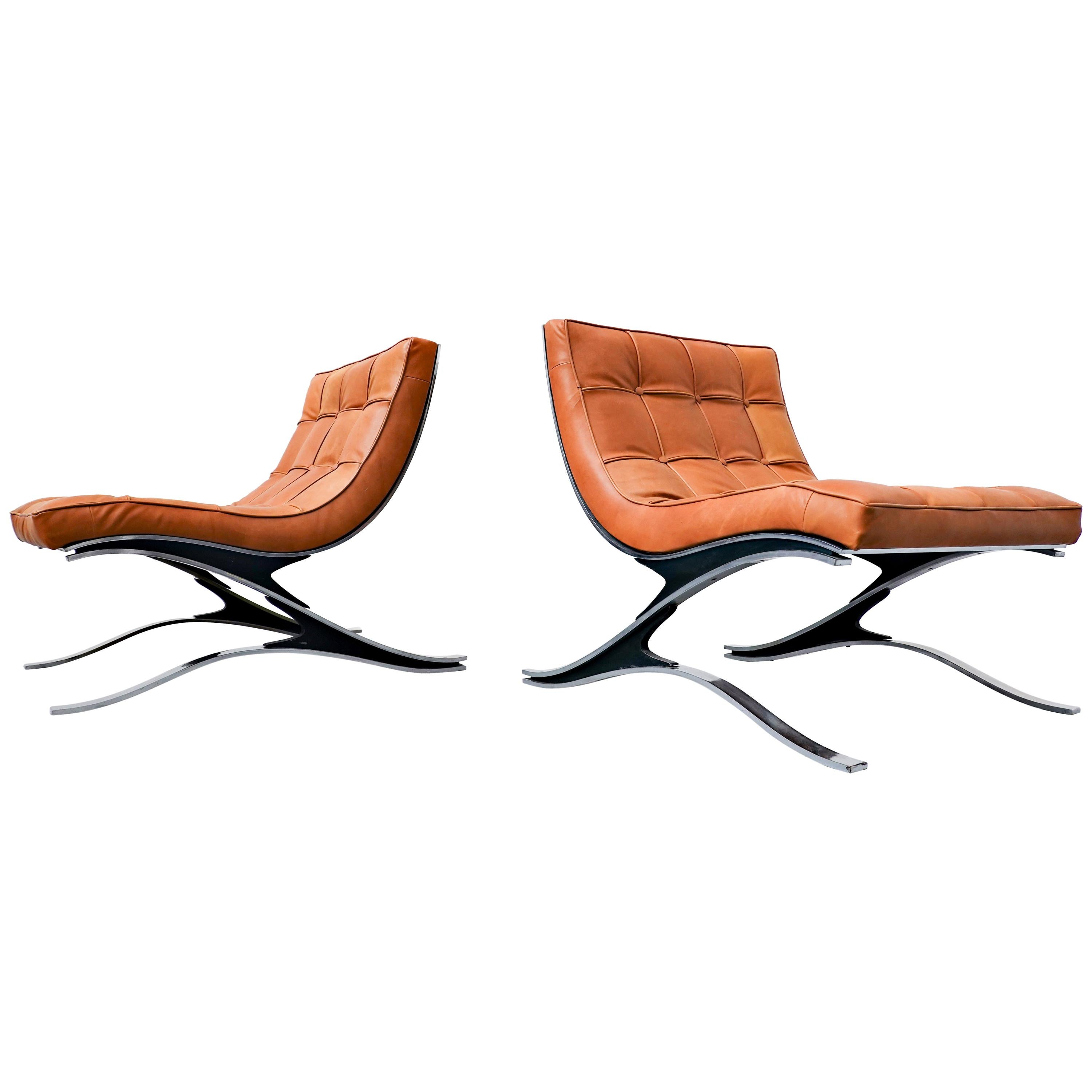 Pair of Italian Armchairs Pizzetti, Steel and Leather, 1970s