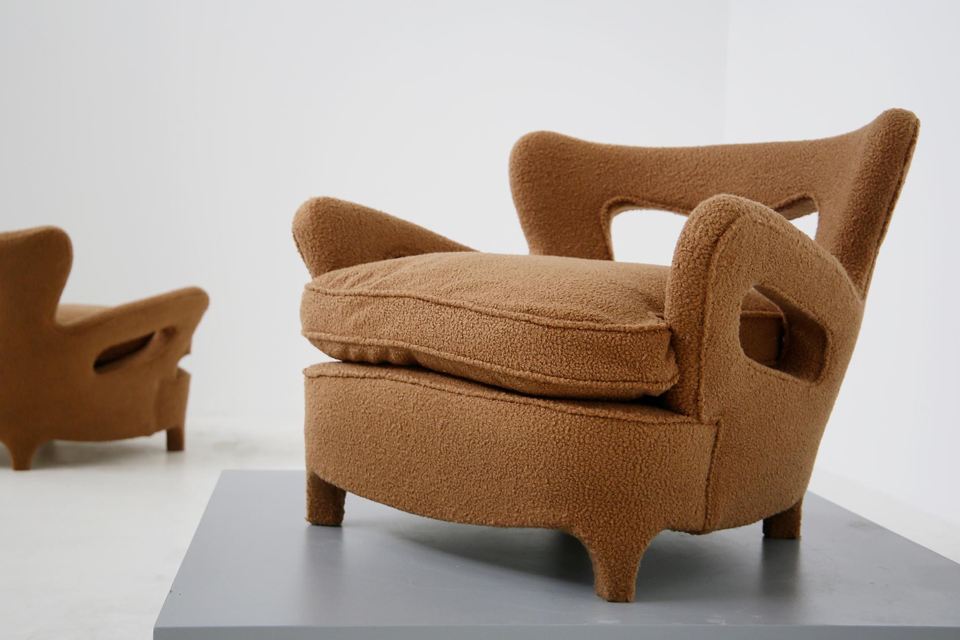 Mid-Century Modern Pair of Italian Armchairs Attributed to Carlo Enrico Rava in Bouclè Fabric, 1940