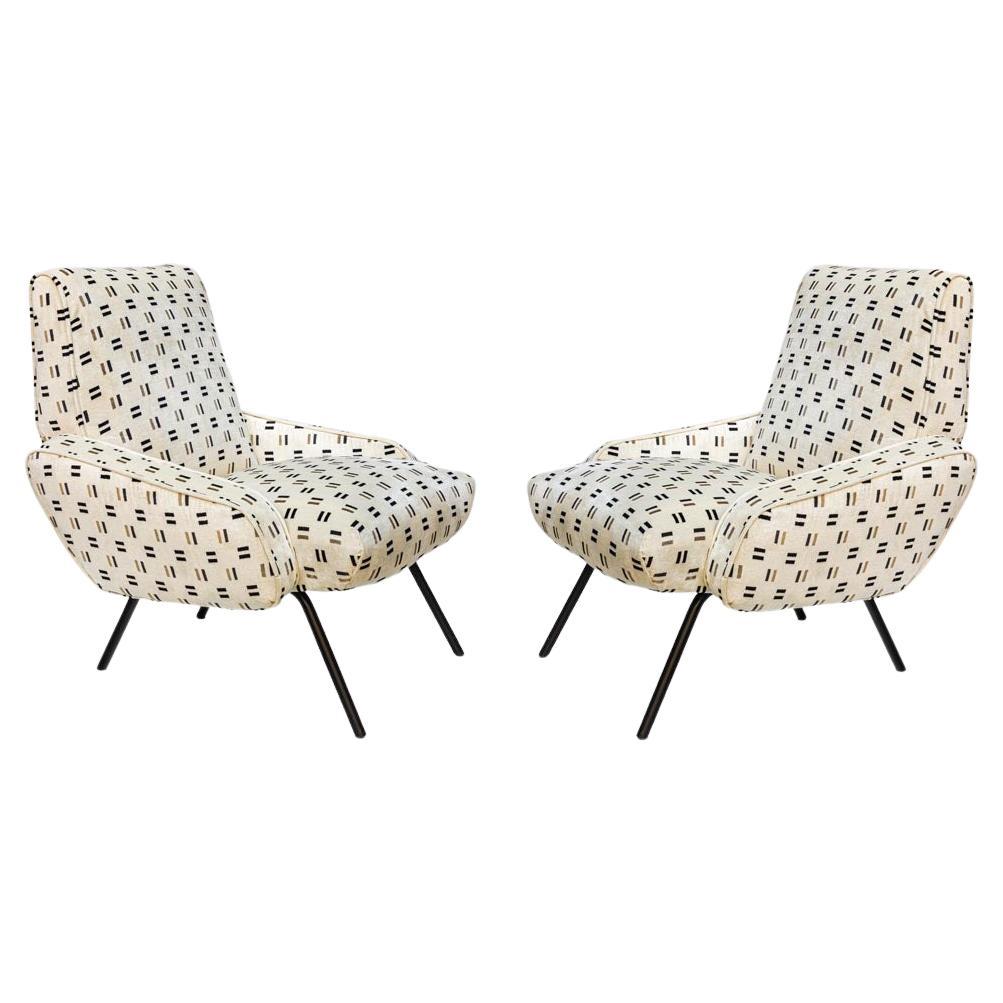 Pair of Italian Armchairs Upholstered with Elegant White Black and Gold Pattern For Sale