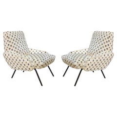 Retro Pair of Italian Armchairs Upholstered with Elegant White Black and Gold Pattern