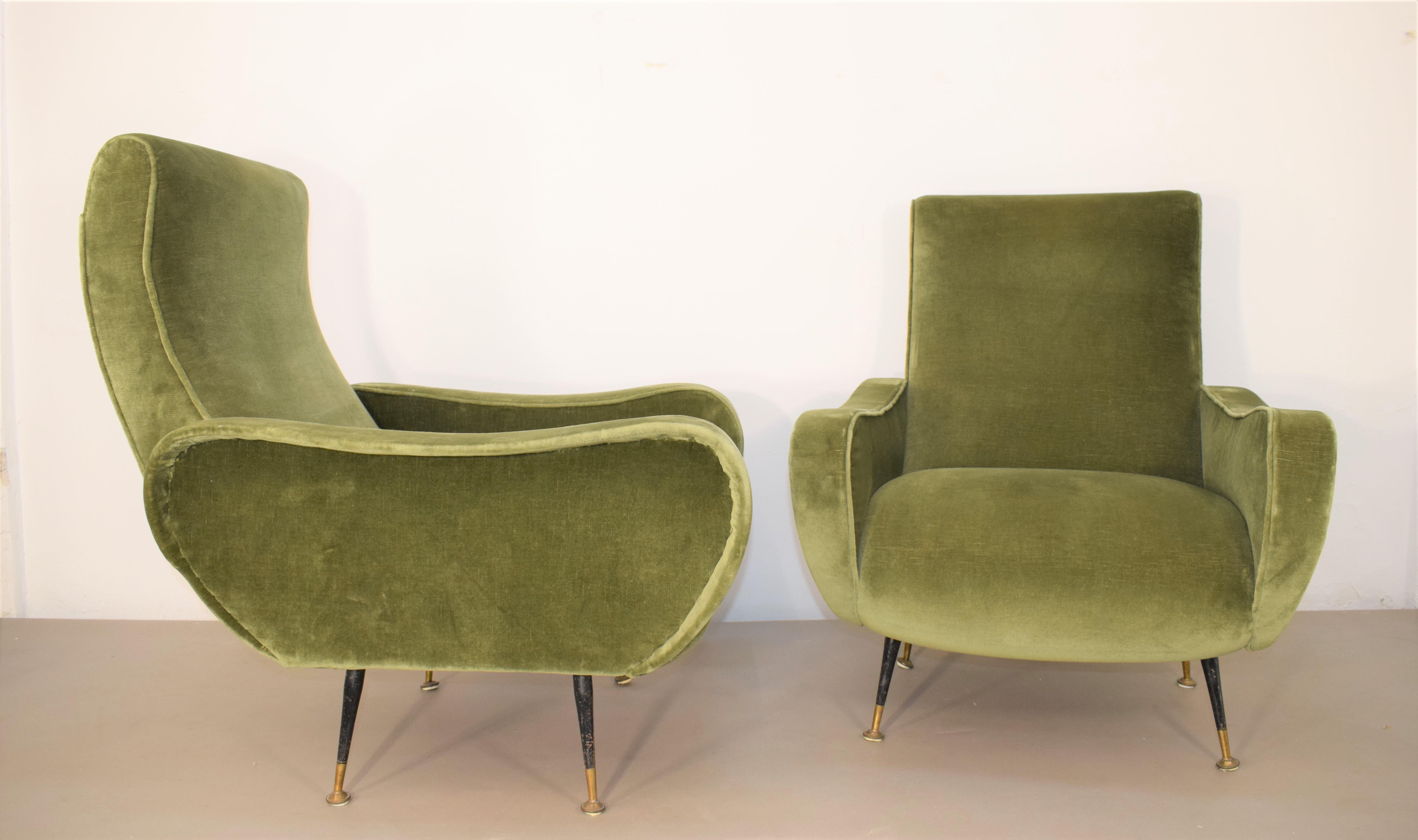 Mid-Century Modern Pair of Italian armchairs, velvet, brass and iron, 1950s